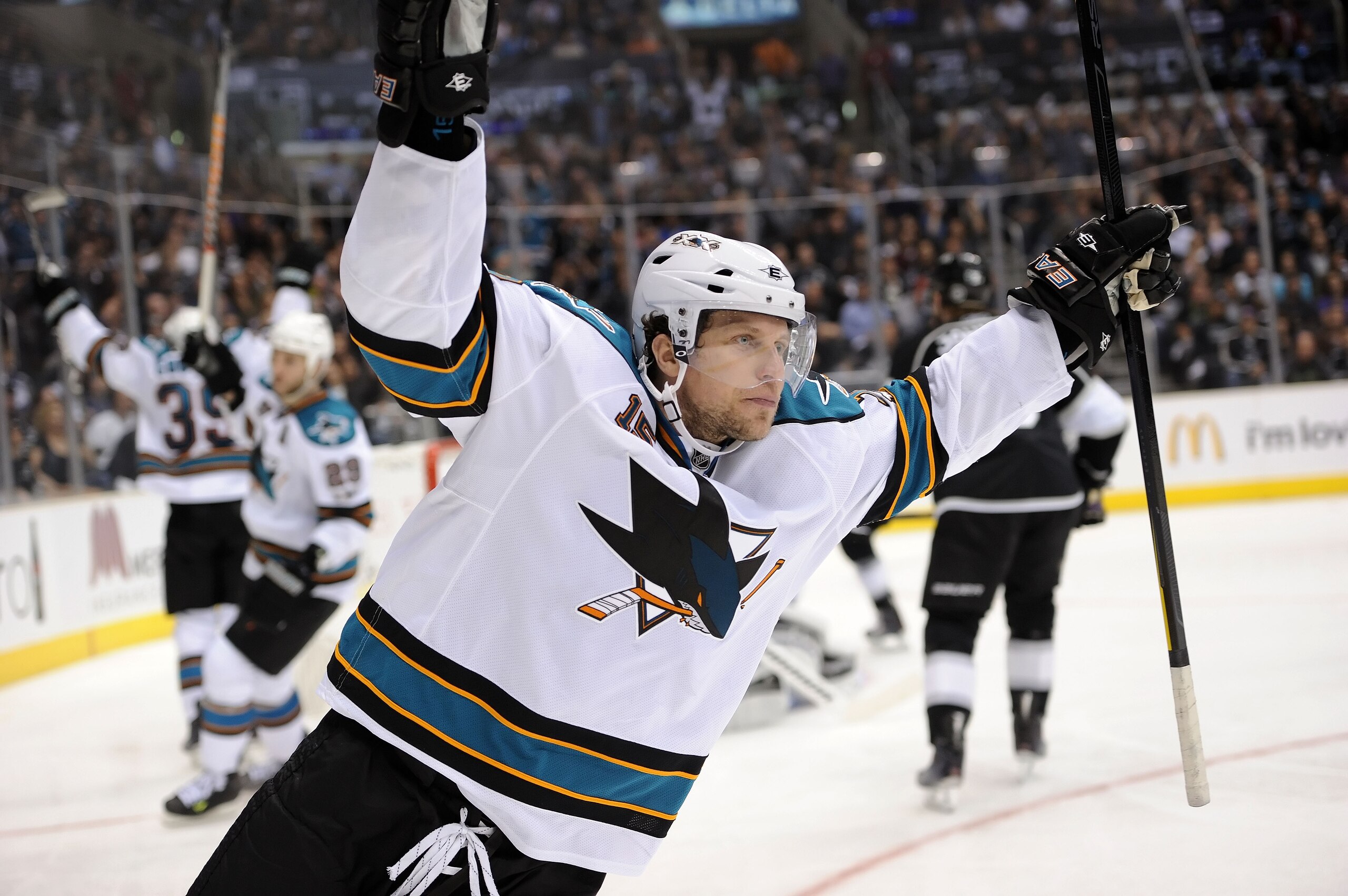 LOS ANGELES, CA - APRIL 25: Dany Heatley #15 of the San Jose Sharks celebrates after a goal against the Los Angeles Kings in game six of the Western Conference Quarterfinals during the 2011 NHL Stanley Cup Playoffs at Staples Center on April 25, 2011 in L