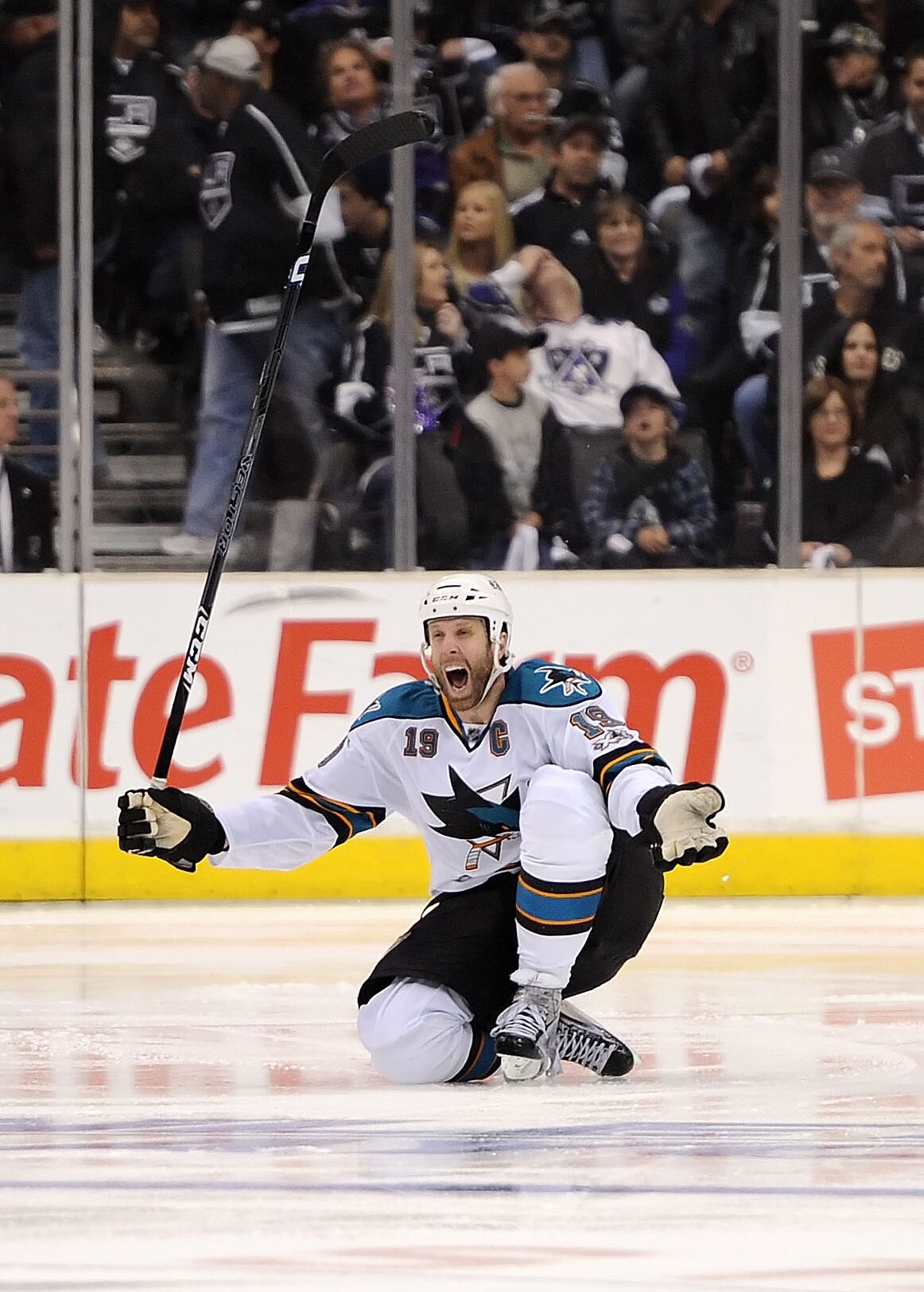 LOS ANGELES, CA - APRIL 25:  Joe Thornton #19 of the San Jose Sharks celebrates after scoring the game winning goal against the Los Angeles Kings in game six of the Western Conference Quarterfinals to advance to the next round of the 2011 NHL Stanley Cup