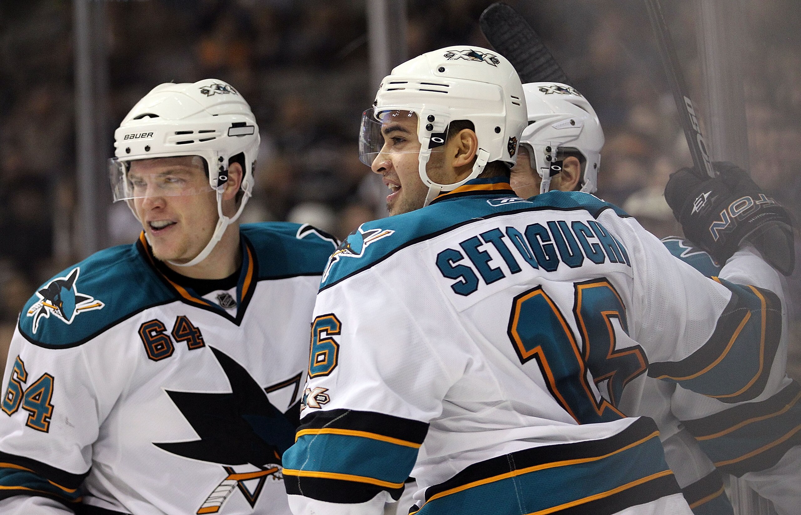DALLAS, TX - DECEMBER 16:  Right wing Devin Setoguchi #16 of the San Jose Sharks celebrates his goal against the Dallas Stars at American Airlines Center on December 16, 2010 in Dallas, Texas.  (Photo by Ronald Martinez/Getty Images)