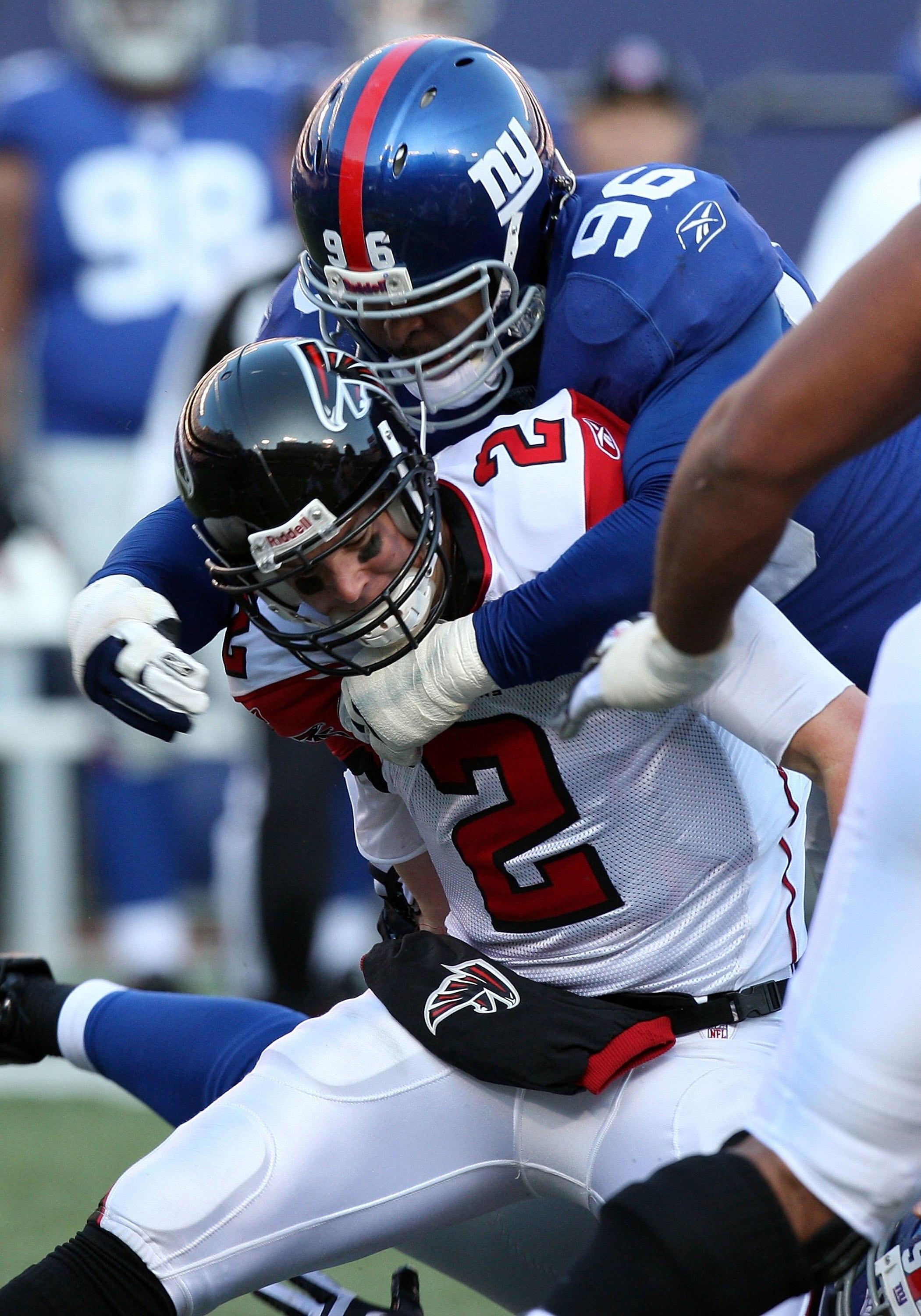 EAST RUTHERFORD, NJ - NOVEMBER 22:  Matt Ryan #2 of the Atlanta Falcons is sacked by Barry Cofield #96 of the New York Giants on November 22, 2009 at Giants Stadium in East Rutherford, New Jersey. The Giants defeated the Falcons 34-31 in overtime.  (Photo