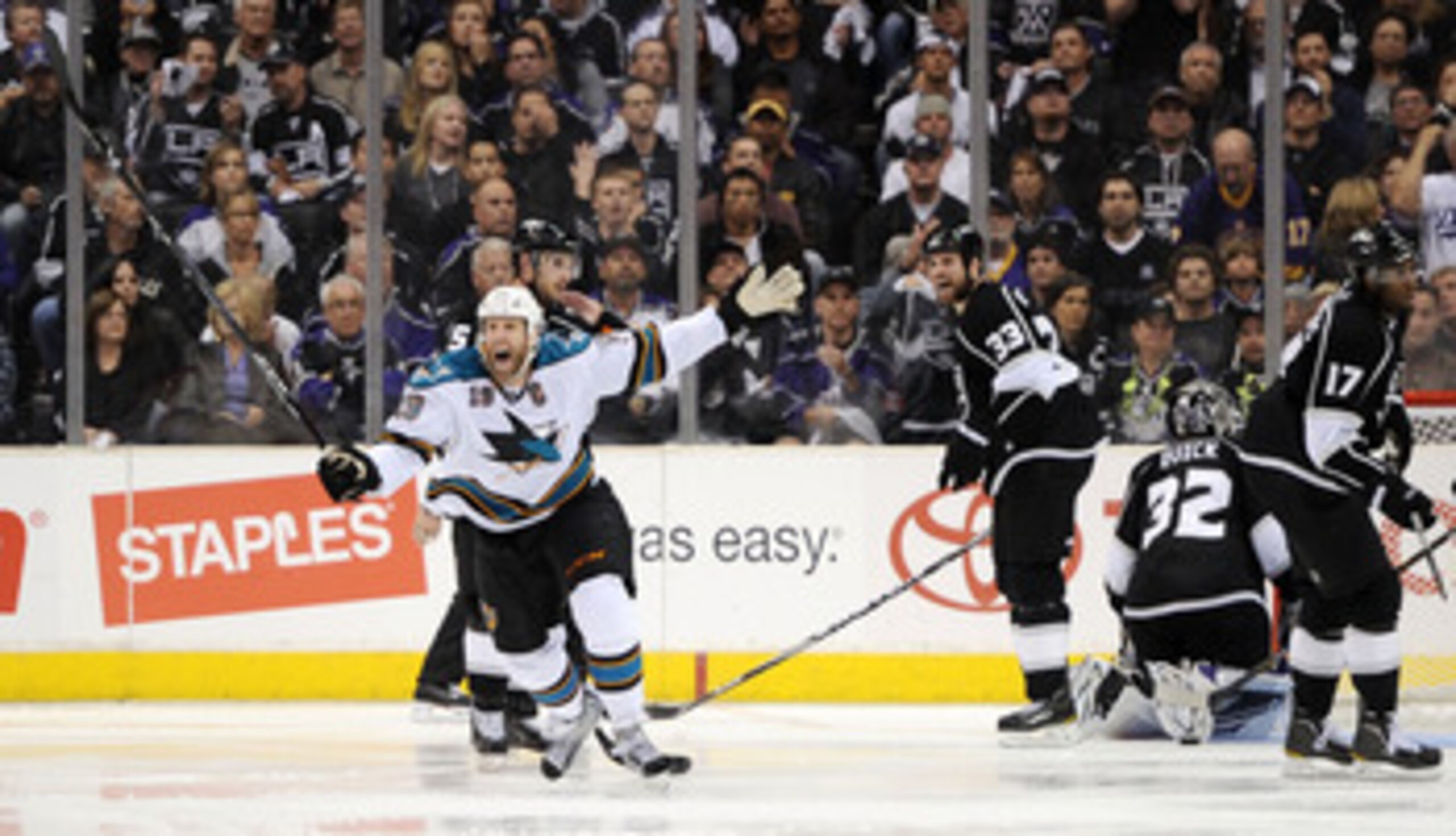 LOS ANGELES, CA - APRIL 25:  Joe Thornton #19 of the San Jose Sharks celebrates after scoring the game winning goal against the Los Angeles Kings in game six of the Western Conference Quarterfinals to advance to the next round of the 2011 NHL Stanley Cup