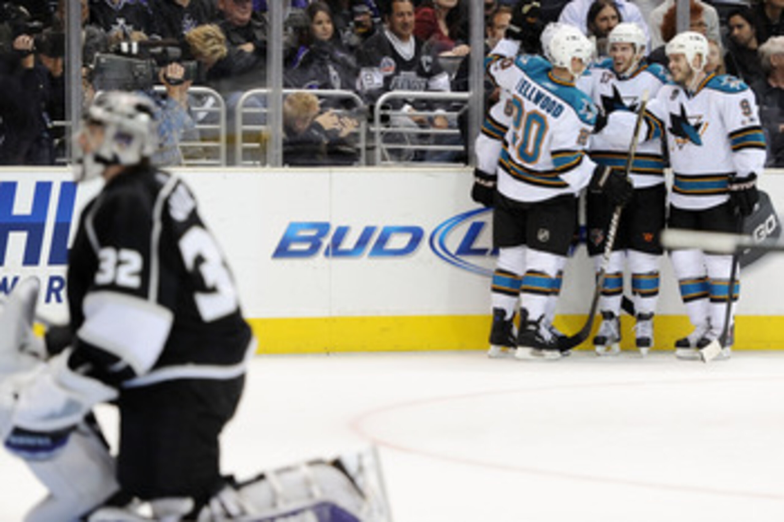 LOS ANGELES, CA - APRIL 21:  Torrey Mitchell #17 of the San Jose Sharks celebrates with teammates after scoring in the third period of game four of the Western Conference Quarterfinals against the Los Angeles Kings during the 2011 NHL Stanley Cup Playoffs