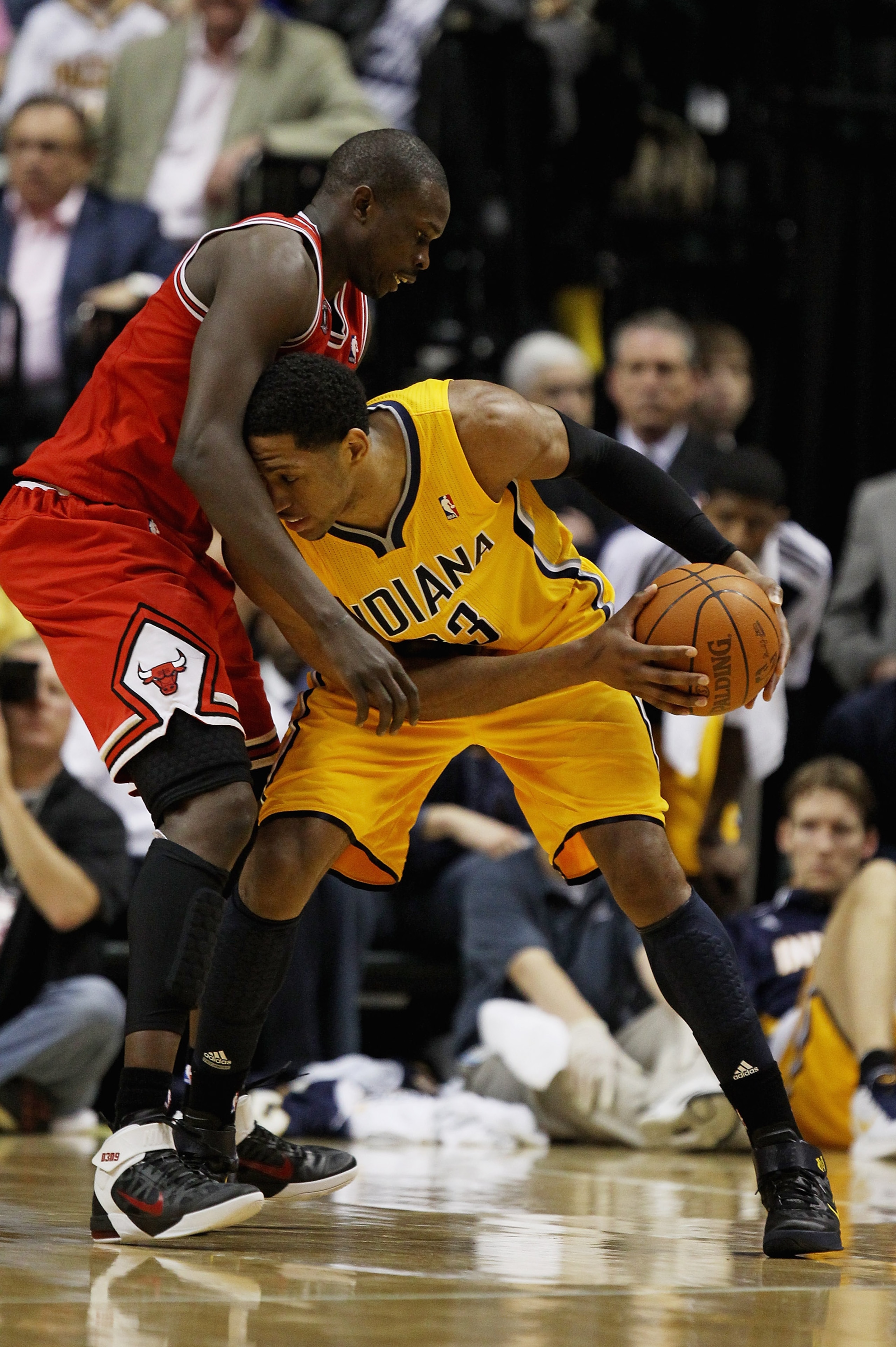INDIANAPOLIS, IN - APRIL 23: Danny Granger #33 of the Indiana Pacers tries to move against Loul Deng #9 of the Chicago Bulls in Game Four of the Eastern Conference Quarterfinals in the 2011 NBA Playoffs at Conseco Fieldhouse on April 23, 2011 in Indianapo
