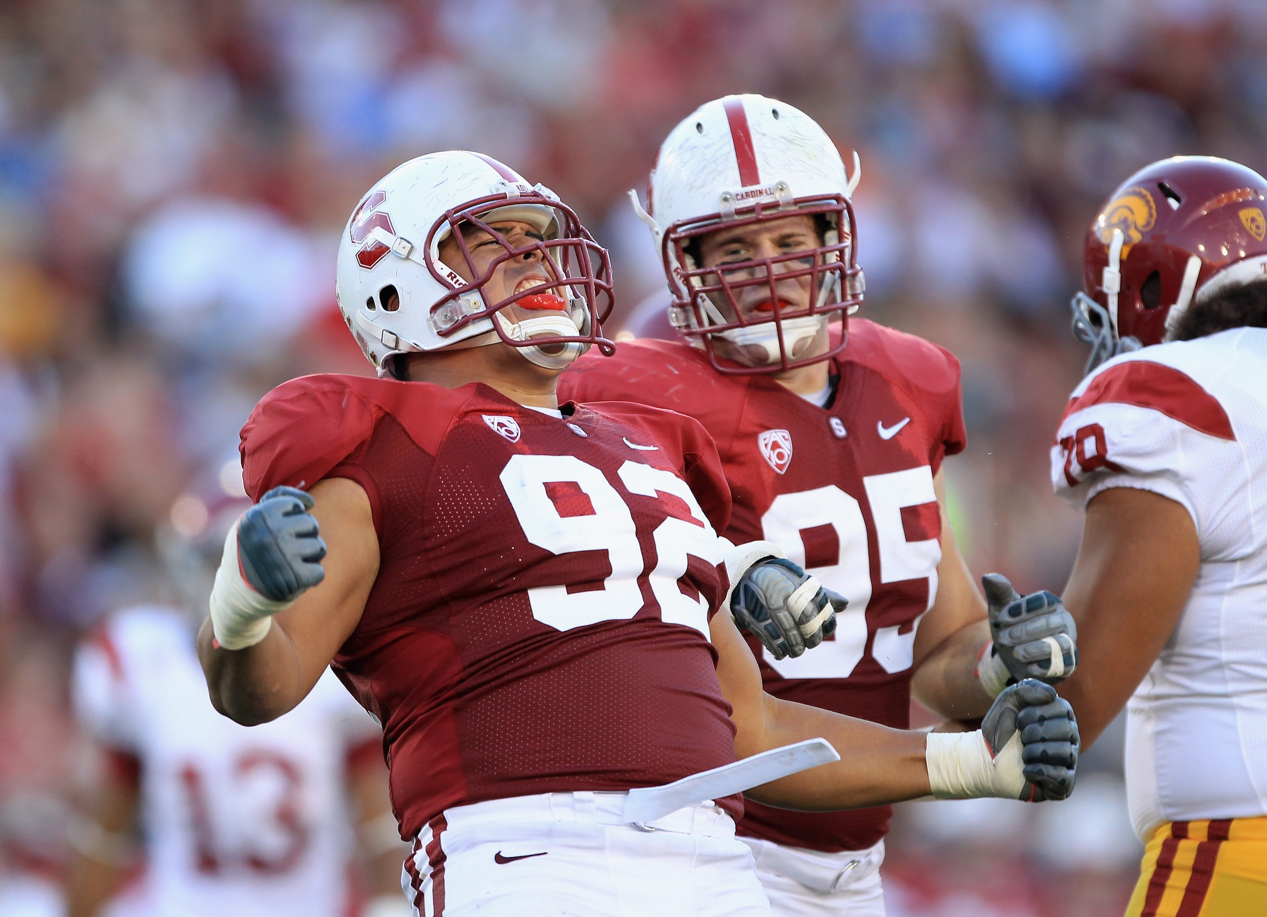 PALO ALTO, CA - OCTOBER 09: Sione Fua #92 of the Stanford Cardinal celebrates after he sacked Matt Barkley #7 of the USC Trojans at Stanford Stadium on October 9, 2010 in Palo Alto, California. (Photo by Ezra Shaw/Getty Images) PALO ALTO, CA - OCTOBER 09: Sione Fua #92 of the Stanford Cardinal celebrates after he sacked Matt Barkley #7 of the USC Trojans at Stanford Stadium on October 9, 2010 in Palo Alto, California. (Photo by Ezra Shaw/Getty Images)