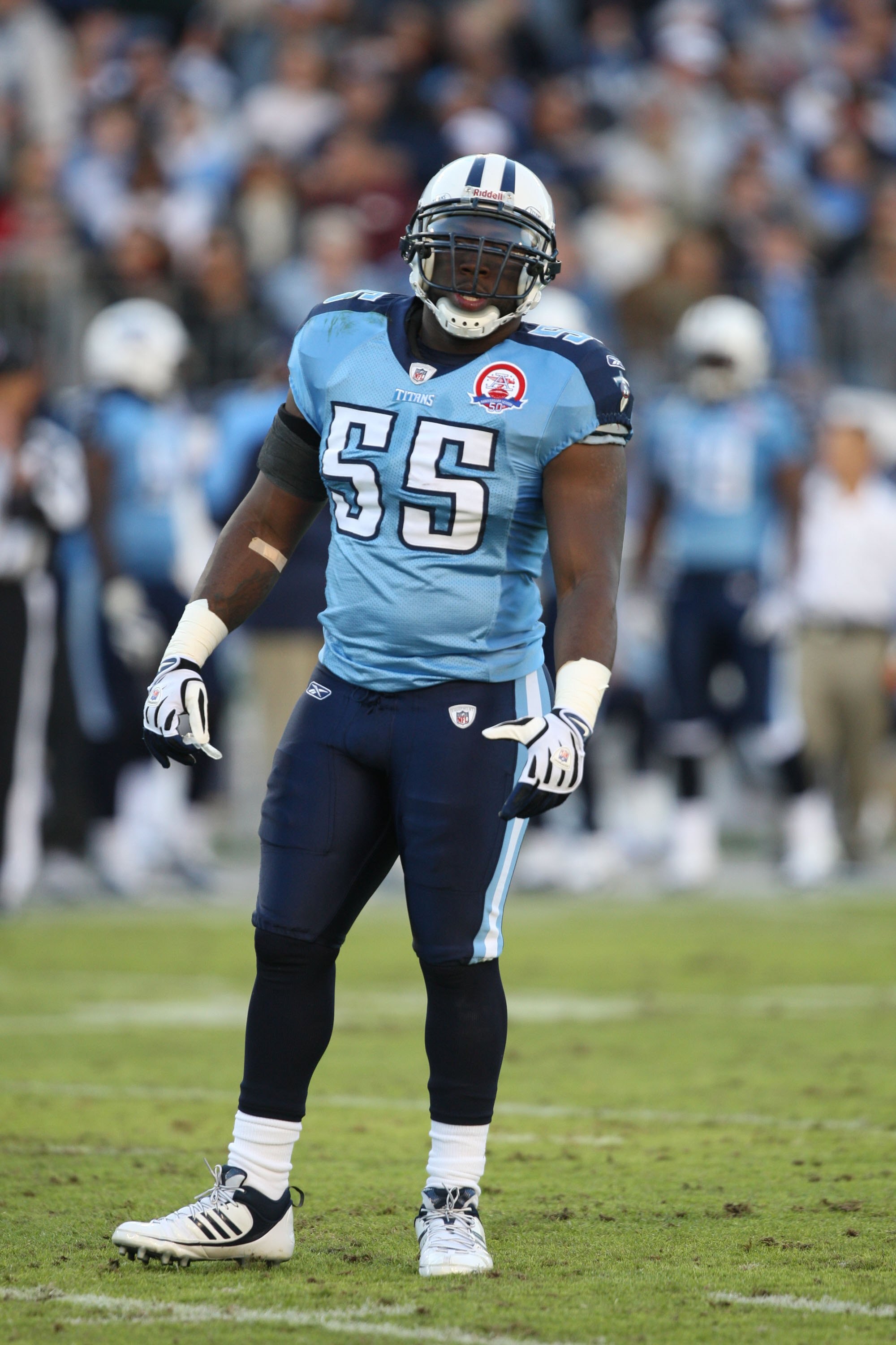 NASHVILLE, TN - NOVEMBER 1:  Stephen Tulloch #55 of the Tennessee Titans looks on during the game against the Jacksonville Jaguars at LP Field on November 1, 2009 in Nashville, Tennessee. (Photo by Streeter Lecka/Getty Images)
