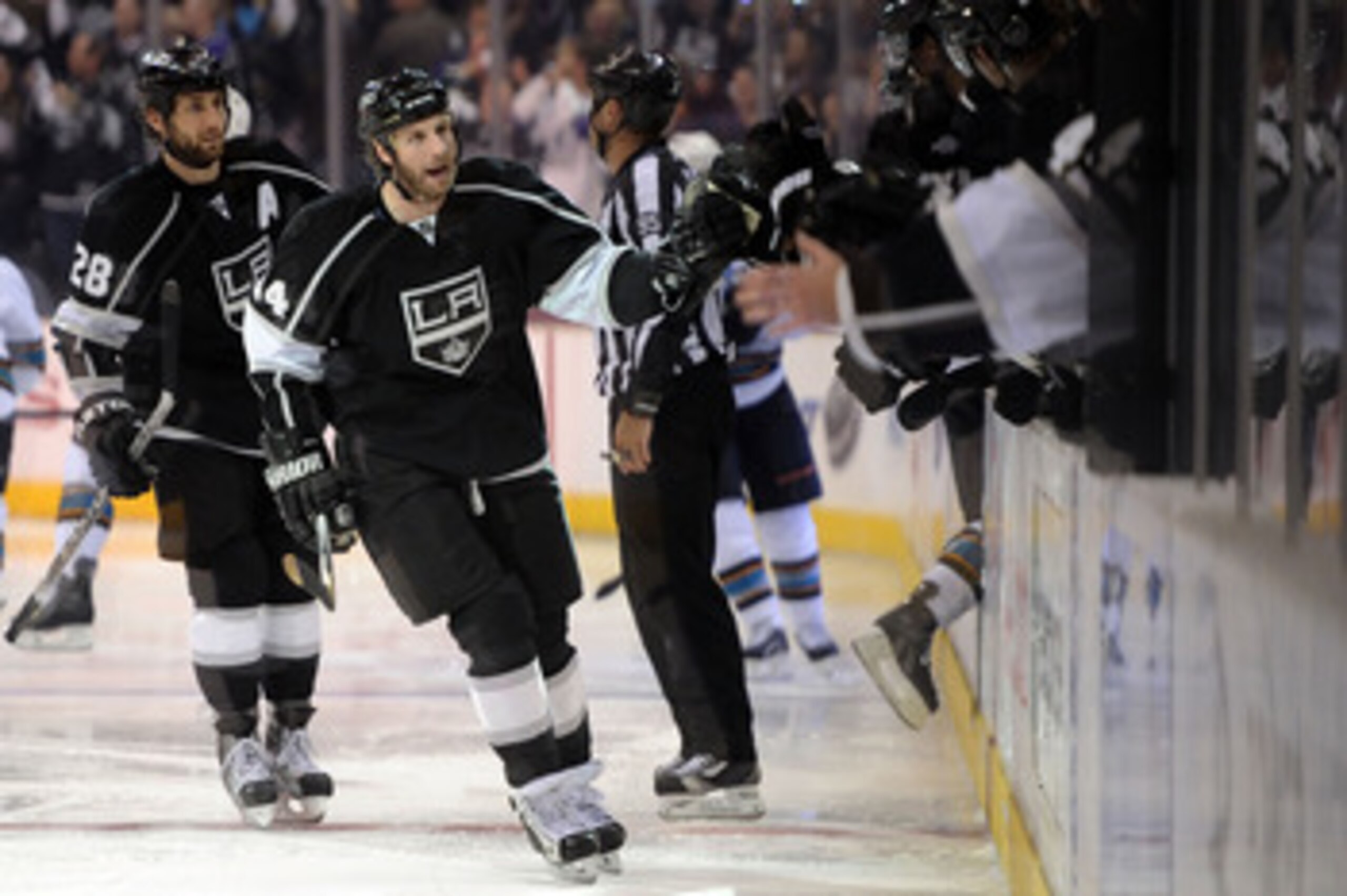 LOS ANGELES, CA - APRIL 25:  Ryan Smyth #94 of the Los Angeles Kings celebrates after a goal against the San Jose Sharks in game six of the Western Conference Quarterfinals during the 2011 NHL Stanley Cup Playoffs at Staples Center on April 25, 2011 in Lo