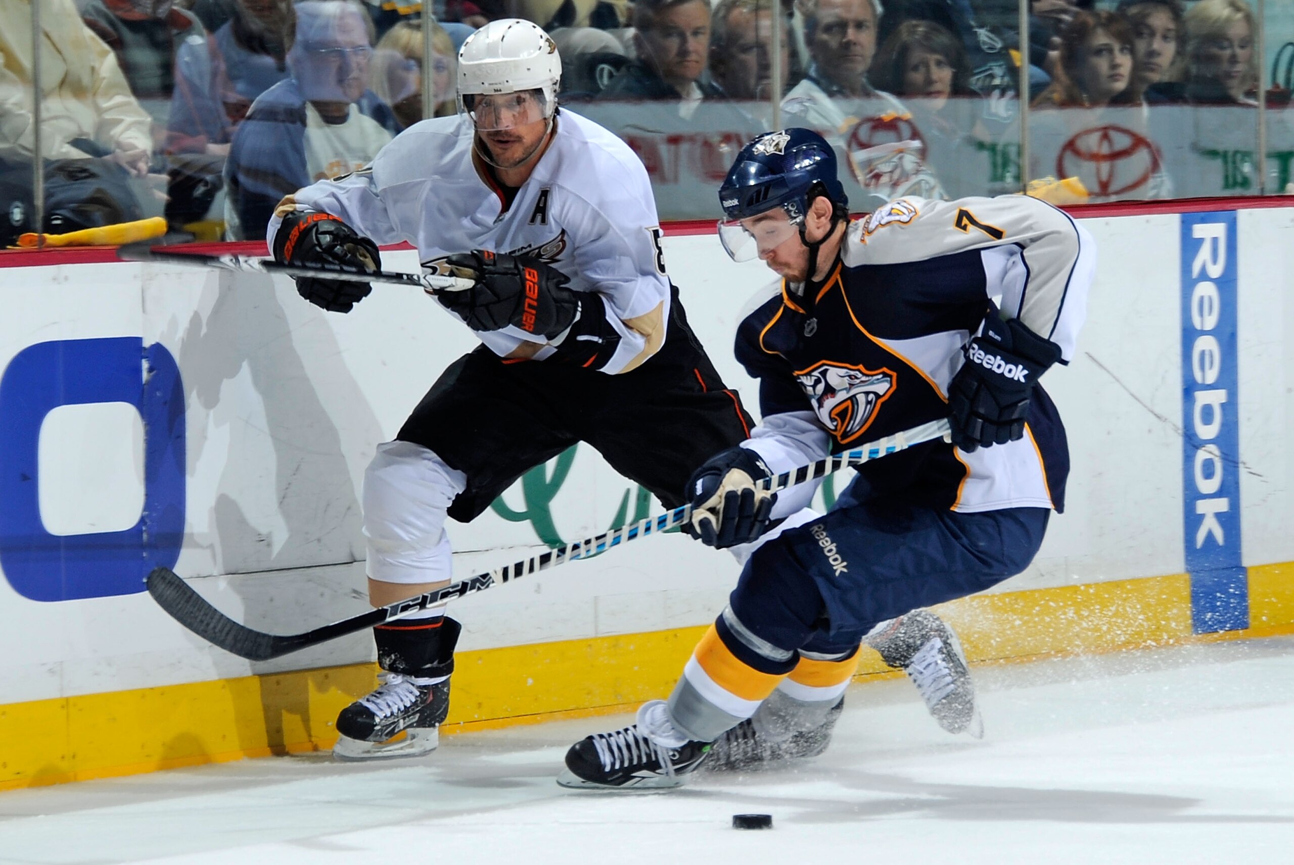 NASHVILLE, TN - APRIL 20: Teemu Selanne #8 of the Anaheim Ducks skates against Jonathon Blum #7 of the Nashville Predators in Game Four of the Western Conference Quarterfinals during the 2011 NHL Stanley Cup Playoffs at Bridgestone Arena on April 20, 201 NASHVILLE, TN - APRIL 20: Teemu Selanne #8 of the Anaheim Ducks skates against Jonathon Blum #7 of the Nashville Predators in Game Four of the Western Conference Quarterfinals during the 2011 NHL Stanley Cup Playoffs at Bridgestone Arena on April 20, 201