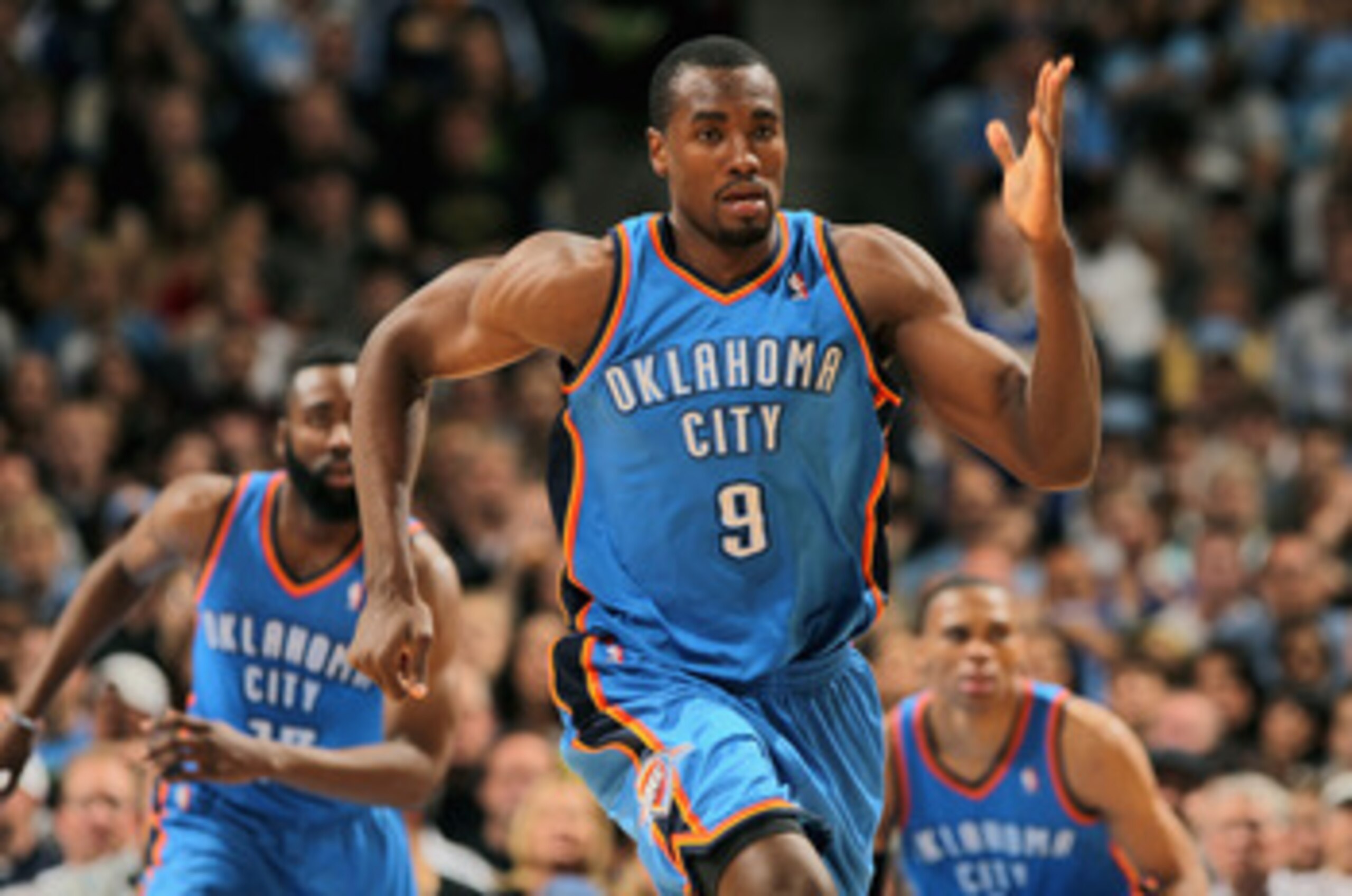 DENVER, CO - APRIL 23:  Serge Ibaka #9 of the Oklahoma City Thunder heads up court agaisnt the Denver Nuggets in Game Three of the Western Conference Quarterfinals in the 2011 NBA Playoffs on April 23, 2011 at the Pepsi Center in Denver, Colorado. NOTE TO