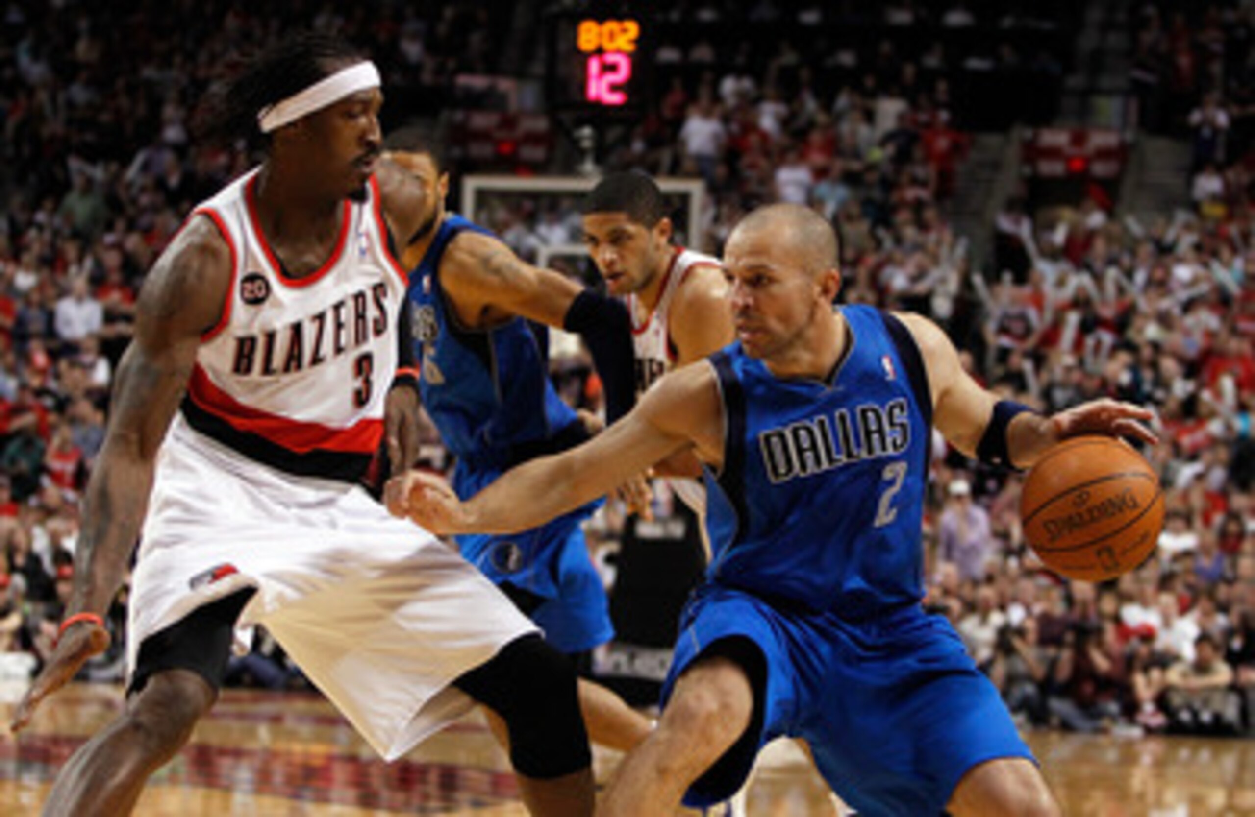 PORTLAND, OR - APRIL 23:  Gerald Wallace #3 of the Portland Trail Blazers defends Jason Kidd #2 of the Dallas Mavericks in Game Four of the Western Conference Quarterfinals in the 2011 NBA Playoffs on April 23, 2011 at the Rose Garden in Portland, Oregon.