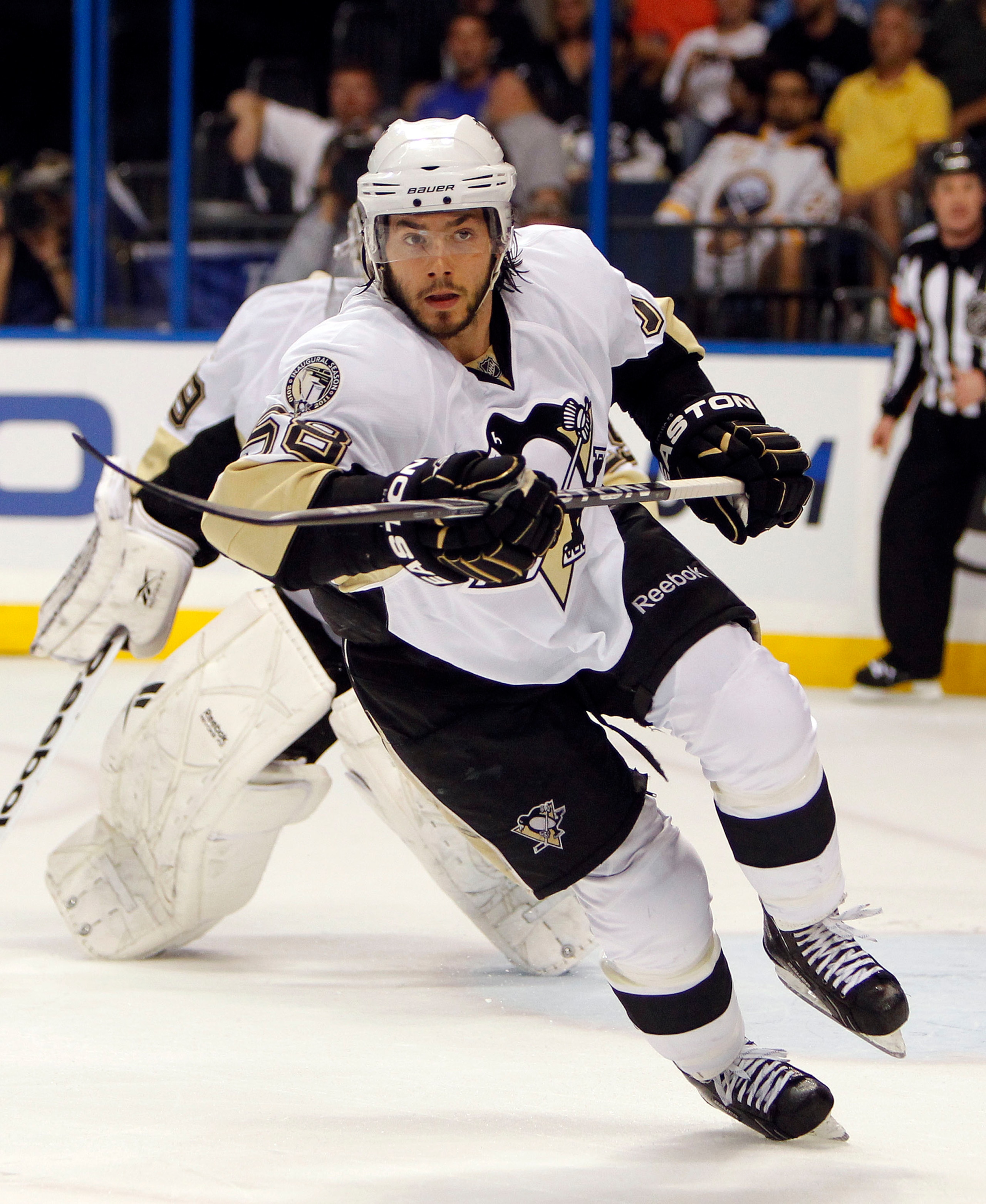 TAMPA, FL - APRIL 18: Kris Letang #58 of the Pittsburgh Penguins skates for position against the Tampa Bay Lightning in Game Three of the Eastern Conference Quarterfinals during the 2011 NHL Stanley Cup Playoffs at the St. Pete Times Forum on April 18, 20