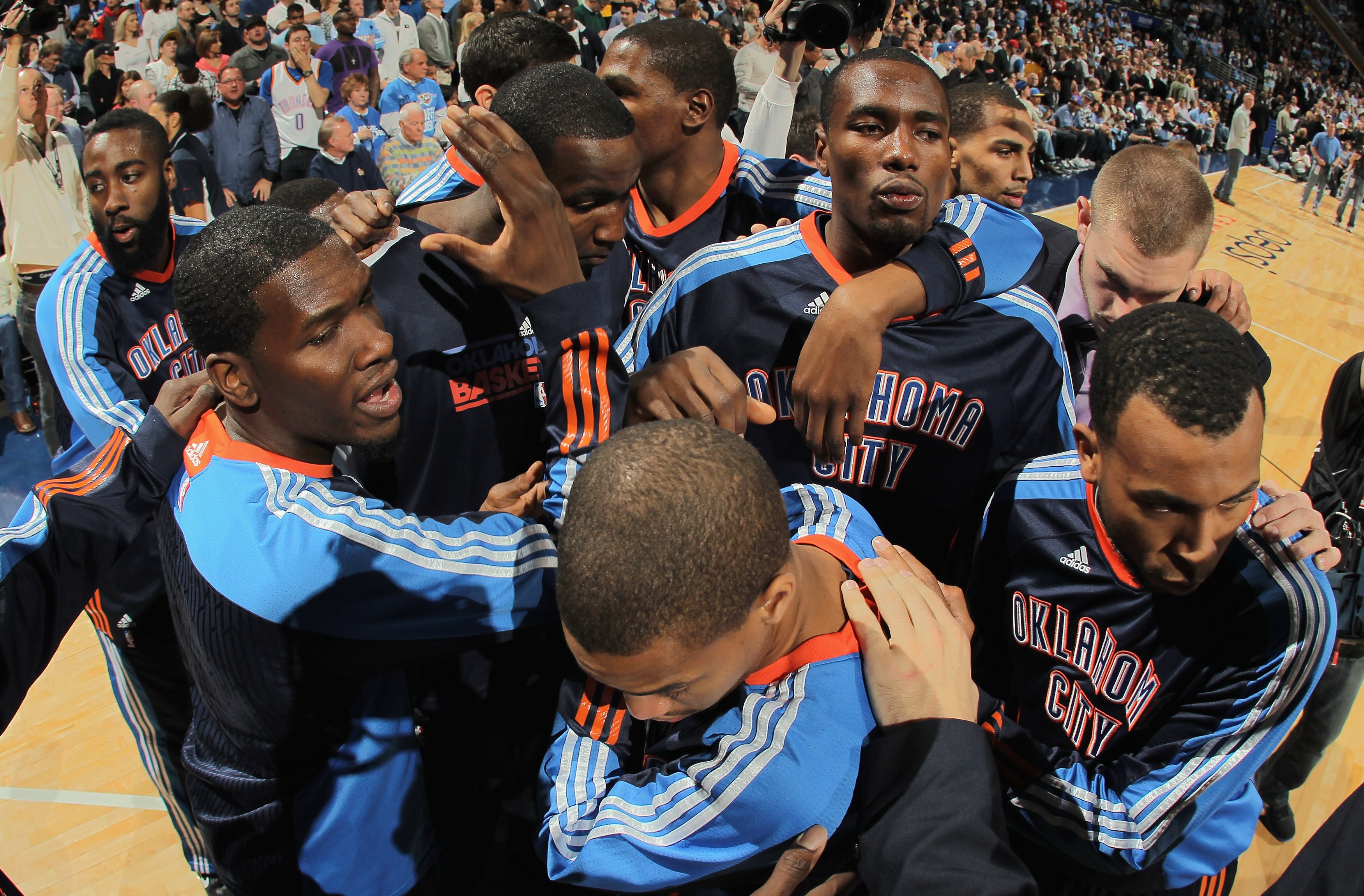 DENVER, CO - APRIL 25:  The Oklahoma City Thunder huddle up prior to facing the Denver Nuggets in Game Four of the Western Conference Quarterfinals in the 2011 NBA Playoffs on April 24, 2011 at the Pepsi Center in Denver, Colorado. NOTE TO USER: User expr