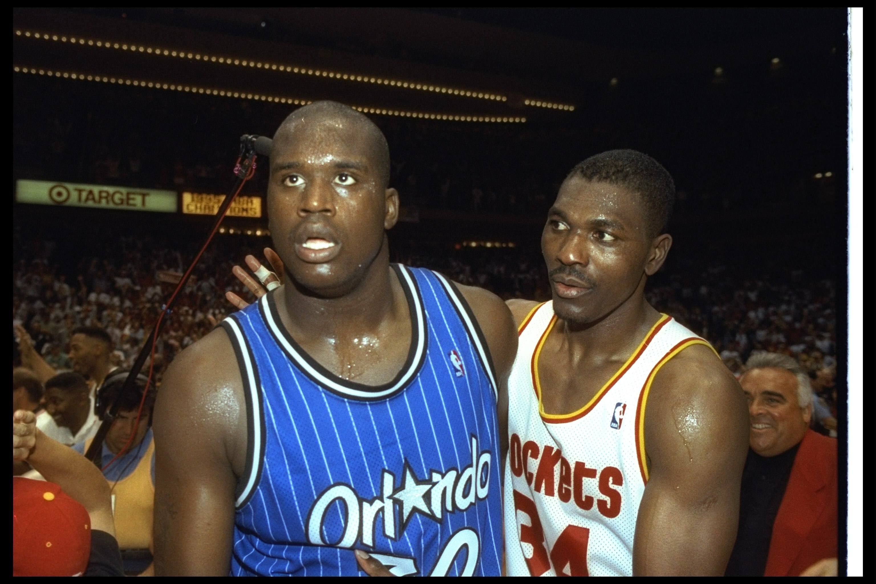 14 Jun 1995:  Center Shaquille O''Neal of the Orlando Magic (left) and Houston Rockets forward Hakeem Olajuwon look on after Game Four of the NBA Finals at the Summit in Houston, Texas.  The Rockets won the game, 113-101. Mandatory Credit: Allsport  /Alls