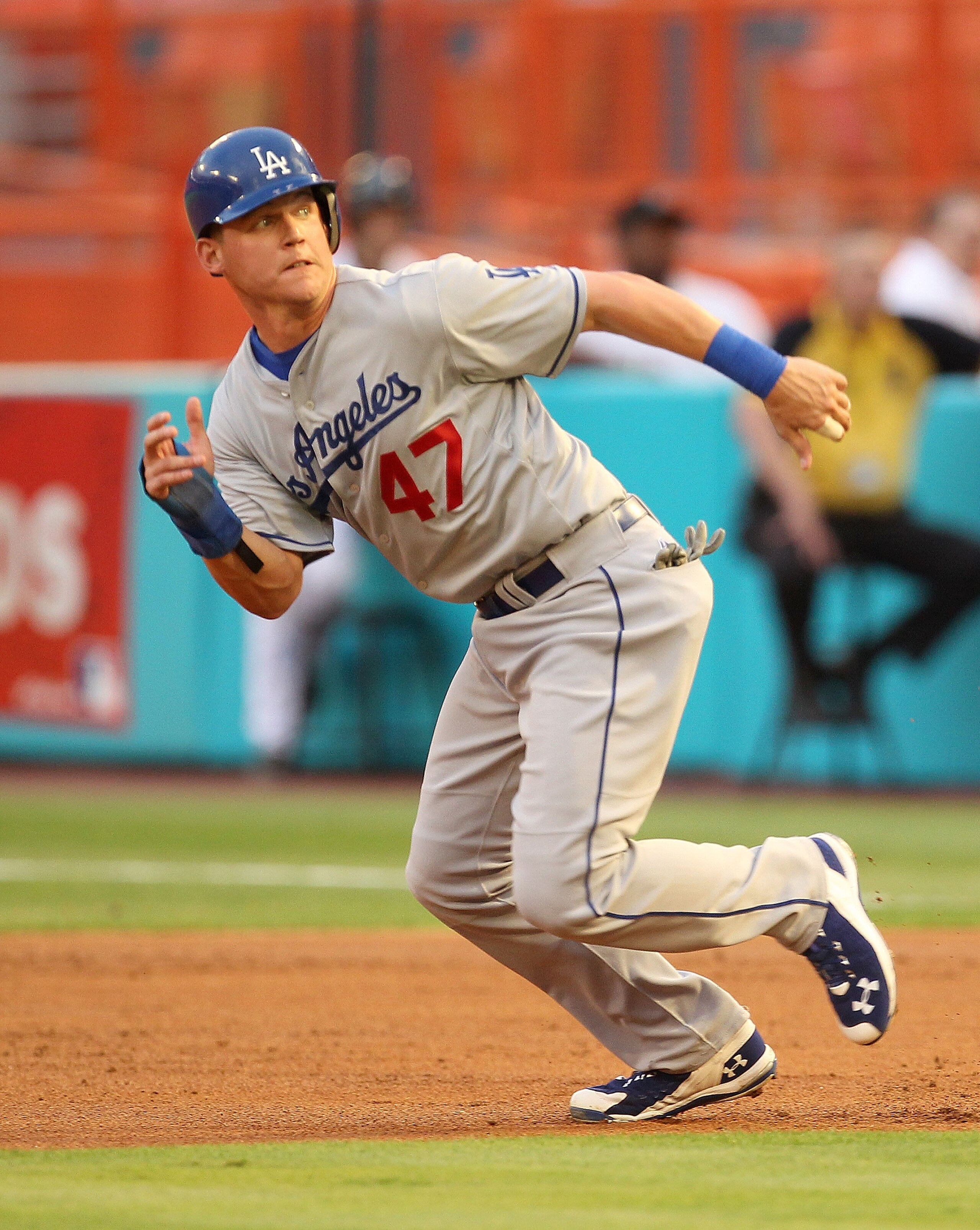 MIAMI GARDENS, FL - APRIL 25: Jerry Sands #47 of the Los Angeles Dodgers breaks for second during a game against the Florida Marlins at Sun Life Stadium on April 25, 2011 in Miami Gardens, Florida. (Photo by Mike Ehrmann/Getty Images) MIAMI GARDENS, FL - APRIL 25: Jerry Sands #47 of the Los Angeles Dodgers breaks for second during a game against the Florida Marlins at Sun Life Stadium on April 25, 2011 in Miami Gardens, Florida. (Photo by Mike Ehrmann/Getty Images)