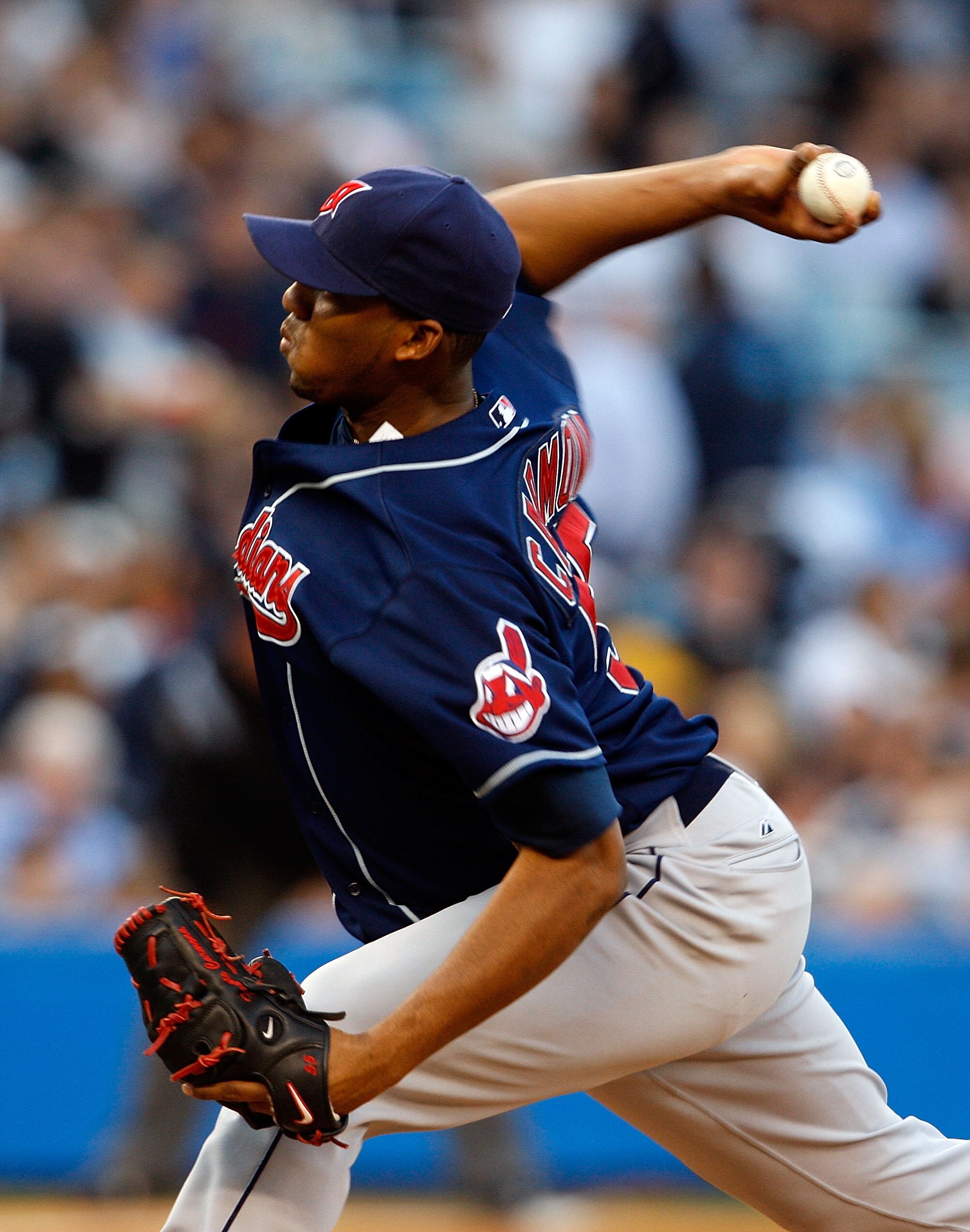 NEW YORK - MAY 06: Fausto Carmona #55 of the Cleveland Indians pitches against the New York Yankees on May 6, 2008 at Yankee Stadium in the Bronx borough of New York City.  (Photo by Nick Laham/Getty Images)