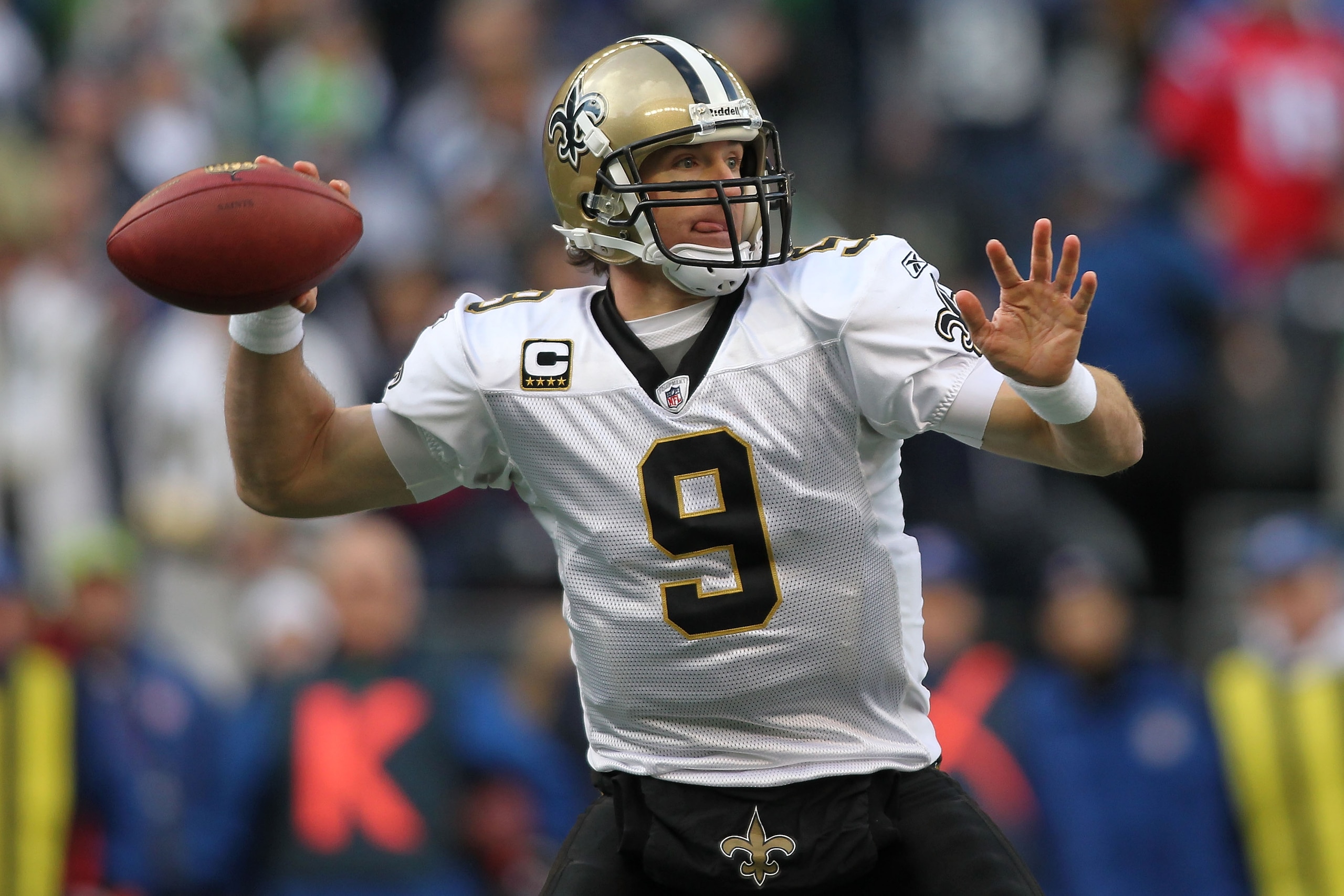 SEATTLE, WA - JANUARY 08: Quarterback Drew Brees #9 of the New Orleans Saints throws the ball in the second quarter against the Seattle Seahawks during the 2011 NFC wild-card playoff game at Qwest Field on January 8, 2011 in Seattle, Washington. (Photo SEATTLE, WA - JANUARY 08: Quarterback Drew Brees #9 of the New Orleans Saints throws the ball in the second quarter against the Seattle Seahawks during the 2011 NFC wild-card playoff game at Qwest Field on January 8, 2011 in Seattle, Washington. (Photo