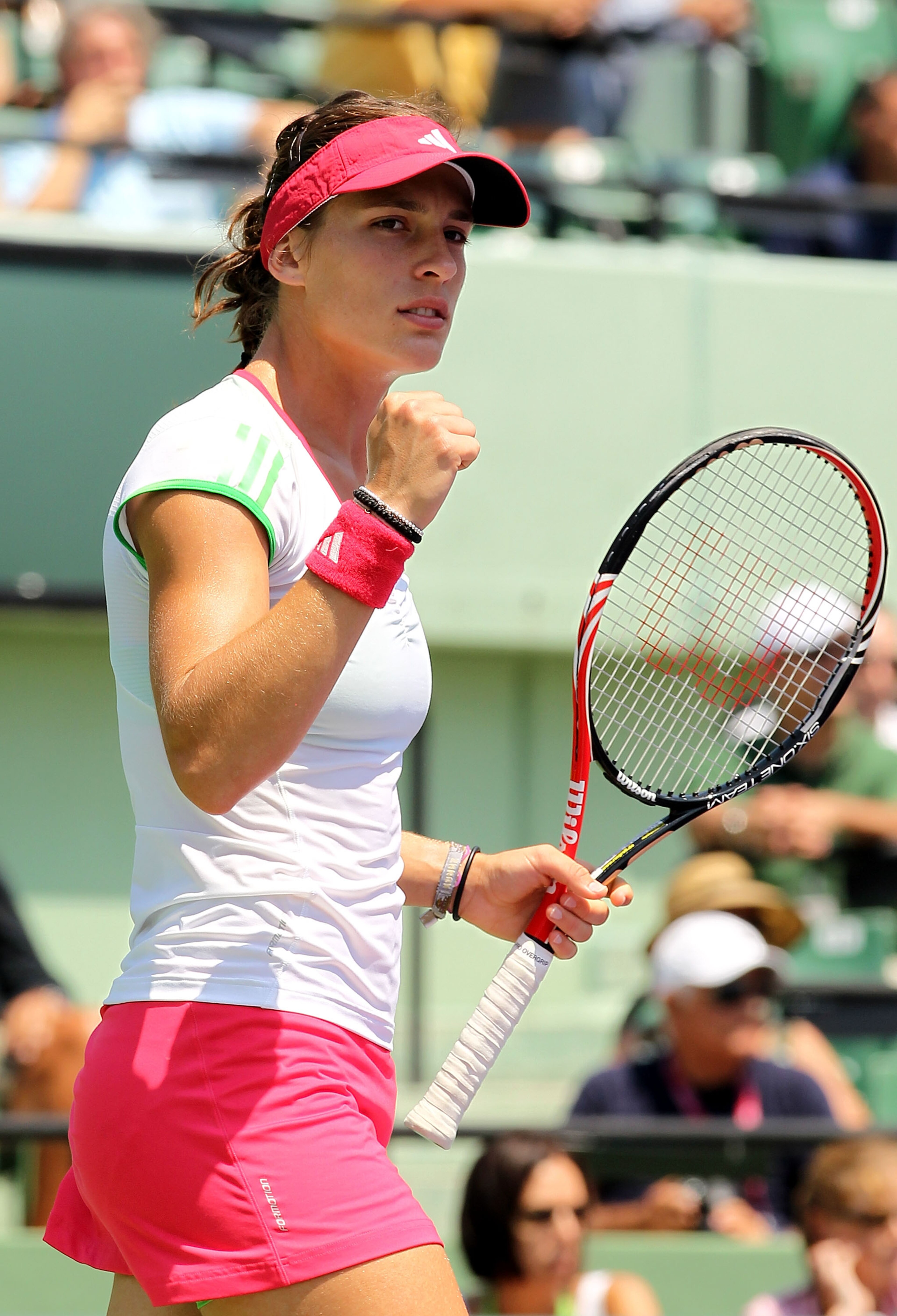 KEY BISCAYNE, FL - MARCH 31:  Andrea Petkovic of Germany reacts after she won the first set against Maria Sharapova of Russia during their women's semifinal match at the Sony Ericsson Open at Crandon Park Tennis Center on March 31, 2011 in Key Biscayne, F