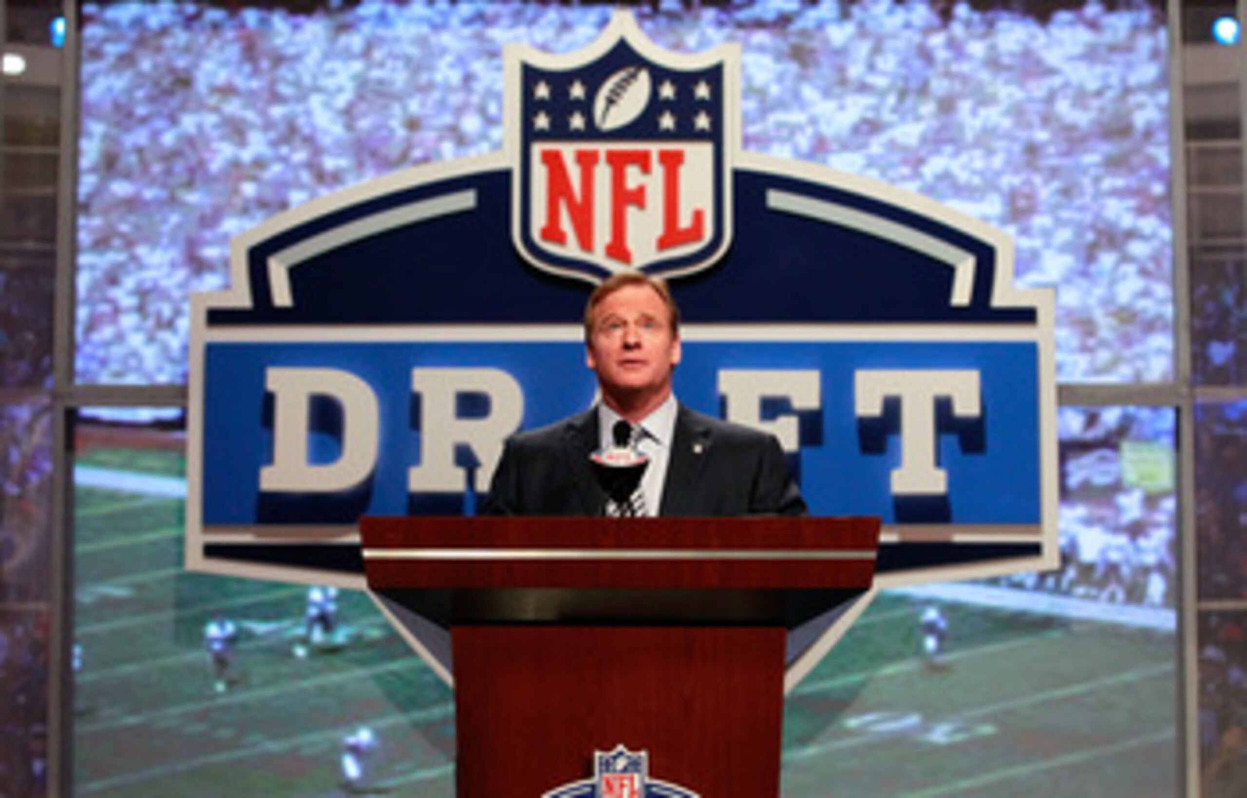 NEW YORK, NY - APRIL 28: NFL Commissioner Roger Goodell speaks at the podium during the 2011 NFL Draft at Radio City Music Hall on April 28, 2011 in New York City. (Photo by Chris Trotman/Getty Images) NEW YORK, NY - APRIL 28: NFL Commissioner Roger Goodell speaks at the podium during the 2011 NFL Draft at Radio City Music Hall on April 28, 2011 in New York City. (Photo by Chris Trotman/Getty Images)