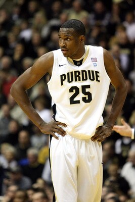 WEST LAFAYETTE, IN - JANUARY 09:  JaJuan Johnson #25 of the Purdue Boilermakers looks on against the Iowa Hawkeyes at Mackey Arena on January 9, 2011 in West Lafayette, Indiana. Purdue won 75-52. (Photo by Chris Chambers/Getty Images)