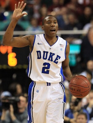 GREENSBORO, NC - MARCH 12:  Nolan Smith #2 of the Duke Blue Devils calls a play as he brings the ball up the court against the Virginia Tech Hokies during the first half in the semifinals of the 2011 ACC men's basketball tournament at the Greensboro Colis