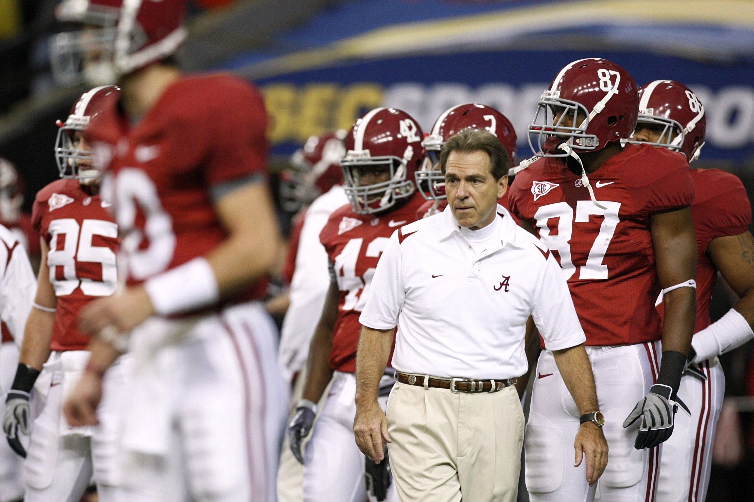ATLANTA - DECEMBER 5:  Head coach Nick Saban of the Alabama Crimson Tide watches his players during warm ups against the Florida Gators during the SEC Championship game at Georgia Dome on December 5, 2009 in Atlanta, Georgia.  (Photo by Kevin C. Cox/Getty