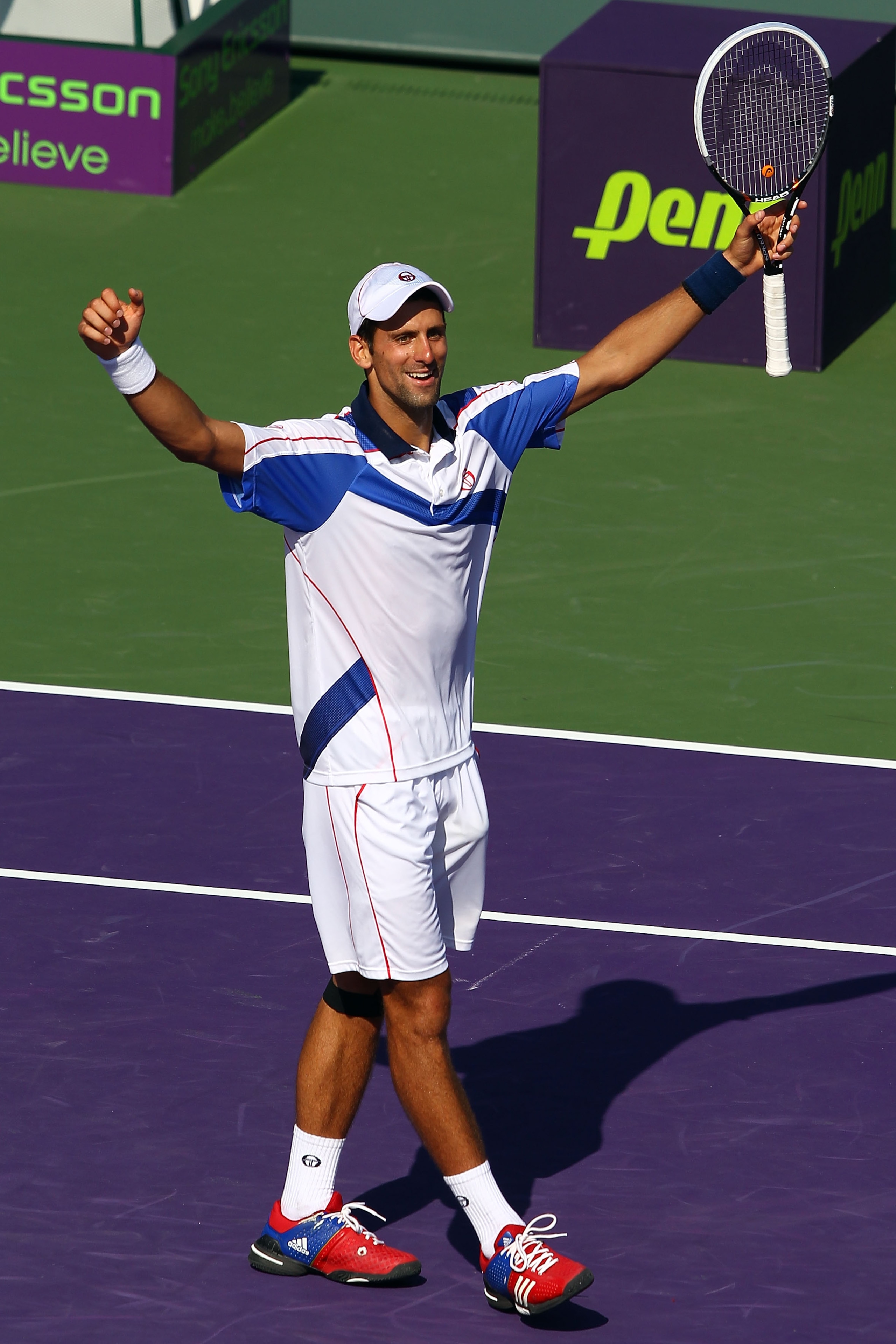 KEY BISCAYNE, FL - APRIL 03:  Novak Djokovic of Serbia celebrates after he won match point against Rafael Nadal of Spain during the men's singles championship at the Sony Ericsson Open at Crandon Park Tennis Center on April 3, 2011 in Key Biscayne, Florid