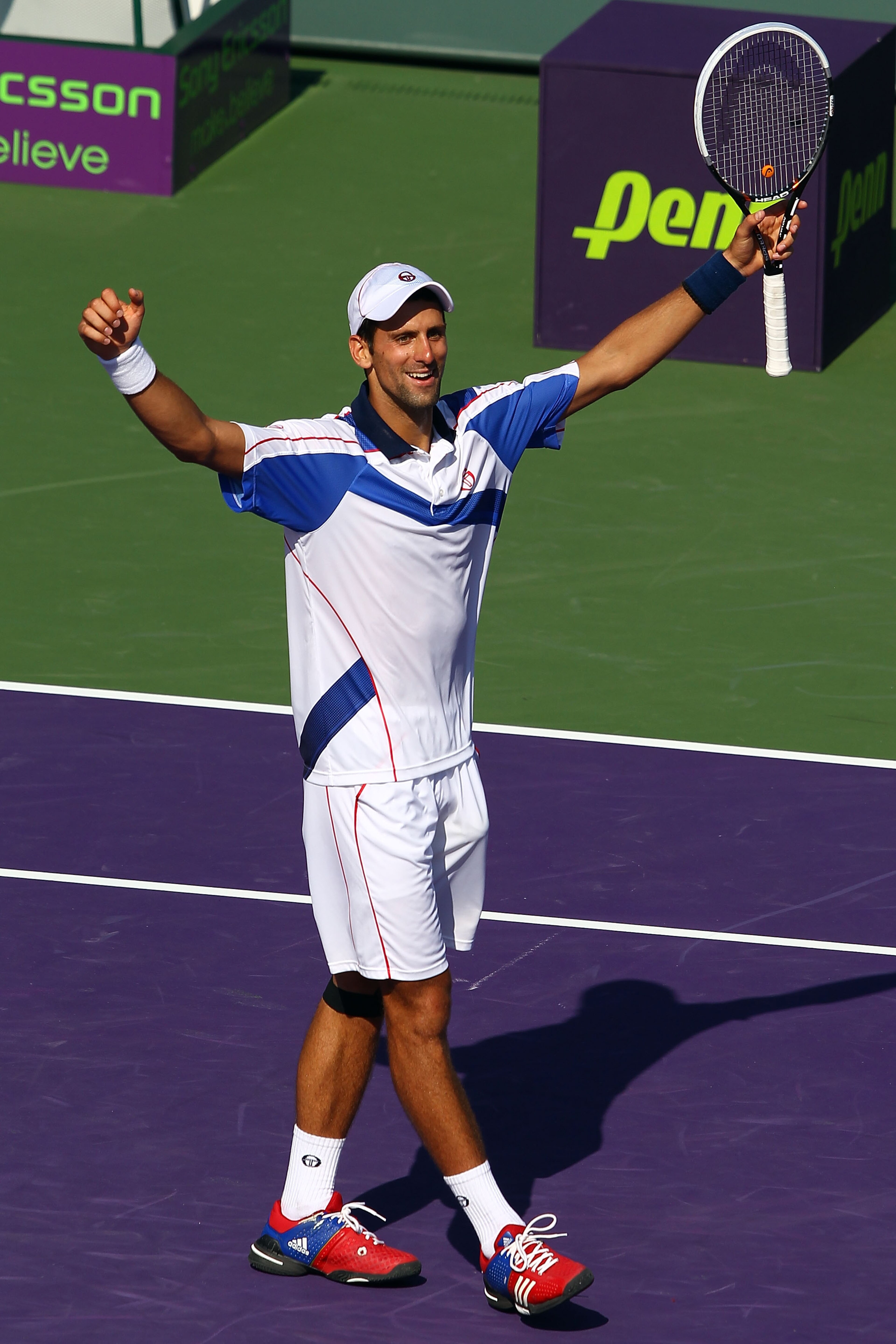 KEY BISCAYNE, FL - APRIL 03:  Novak Djokovic of Serbia celebrates after he won match point against Rafael Nadal of Spain during the men's singles championship at the Sony Ericsson Open at Crandon Park Tennis Center on April 3, 2011 in Key Biscayne, Florid