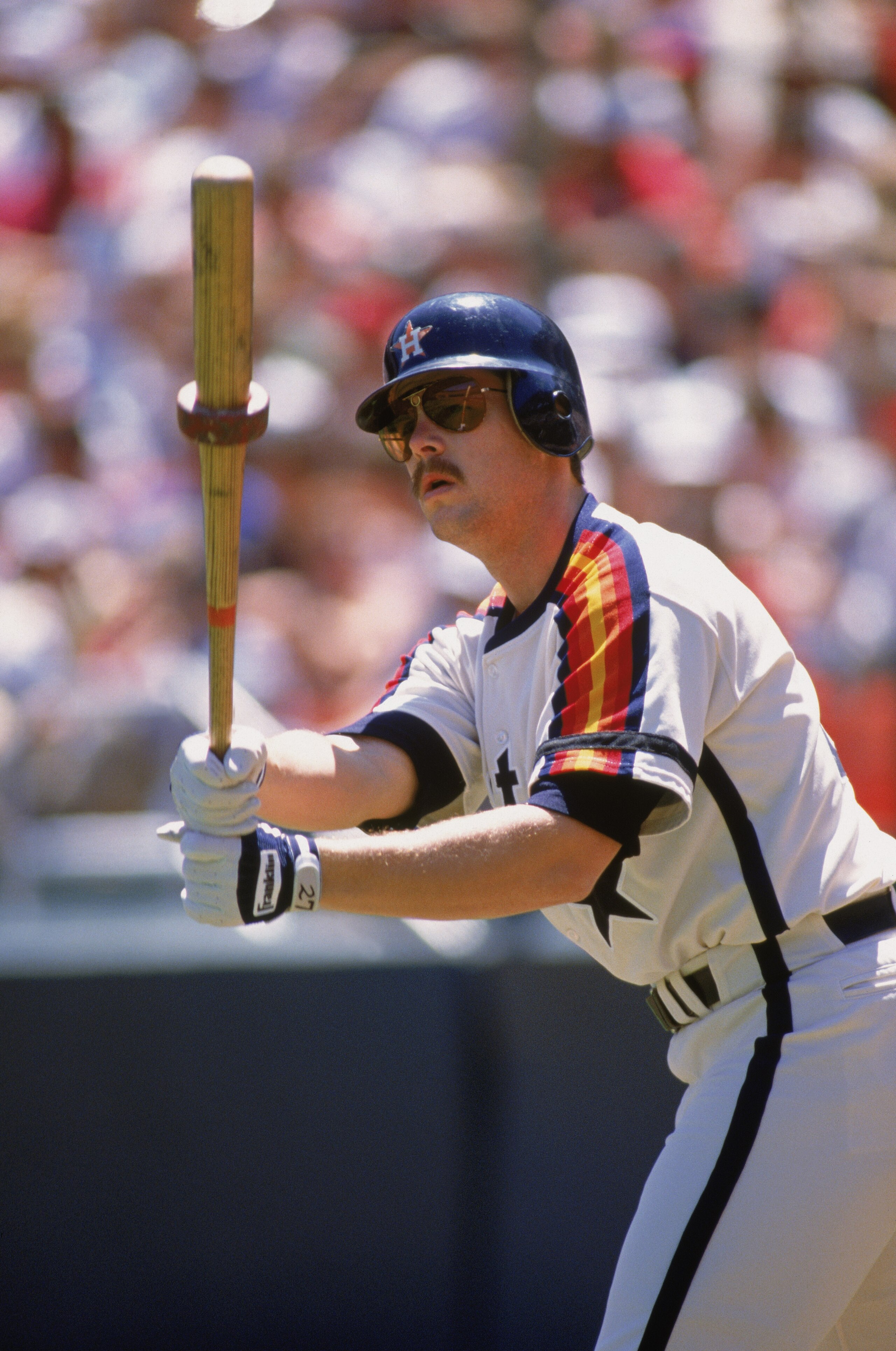 1989:  Glenn Davis of the Houston Astros makes a practice swing during a game in the 1989 season. (Photo by: Otto Greule Jr/Getty Images)