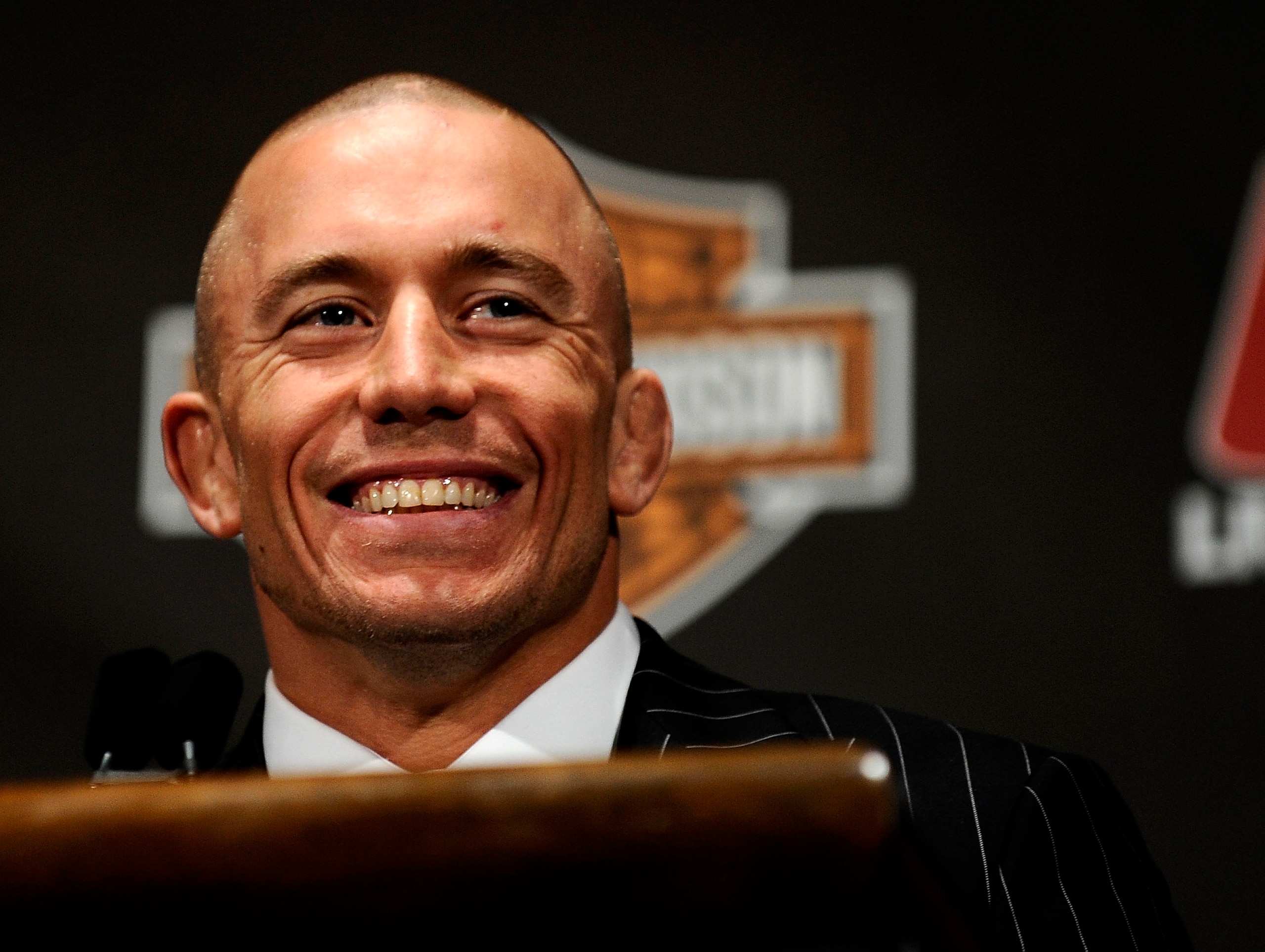 NEW YORK - MARCH 24: Georges St-Pierre of Montreal, Quebec, Canada speaks at a press conference for UFC 111 at Radio City Music Hall on March 24, 2010 in New York City. St-Pierre will face Dan Hardy of Nottingham UK in the Welterweight title bout. (Pho NEW YORK - MARCH 24: Georges St-Pierre of Montreal, Quebec, Canada speaks at a press conference for UFC 111 at Radio City Music Hall on March 24, 2010 in New York City. St-Pierre will face Dan Hardy of Nottingham UK in the Welterweight title bout. (Pho