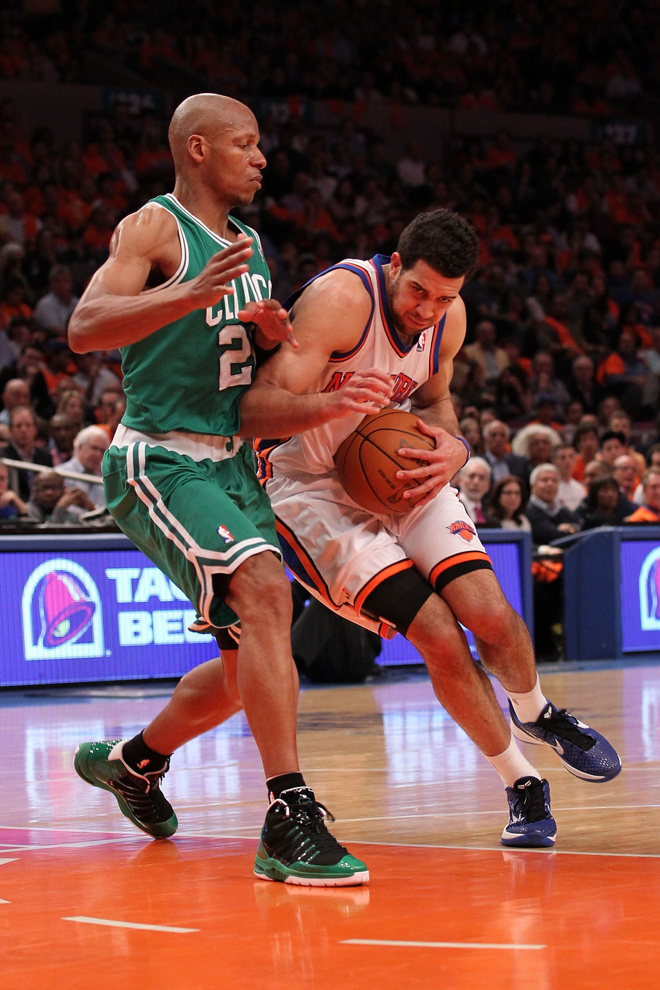 NEW YORK, NY - APRIL 24:  Landry Fields #6 of the New York Knicks drives against Ray Allen #20 of the Boston Celtics in Game Four of the Eastern Conference Quarterfinals during the 2011 NBA Playoffs on April 24, 2011 at Madison Square Garden in New York C