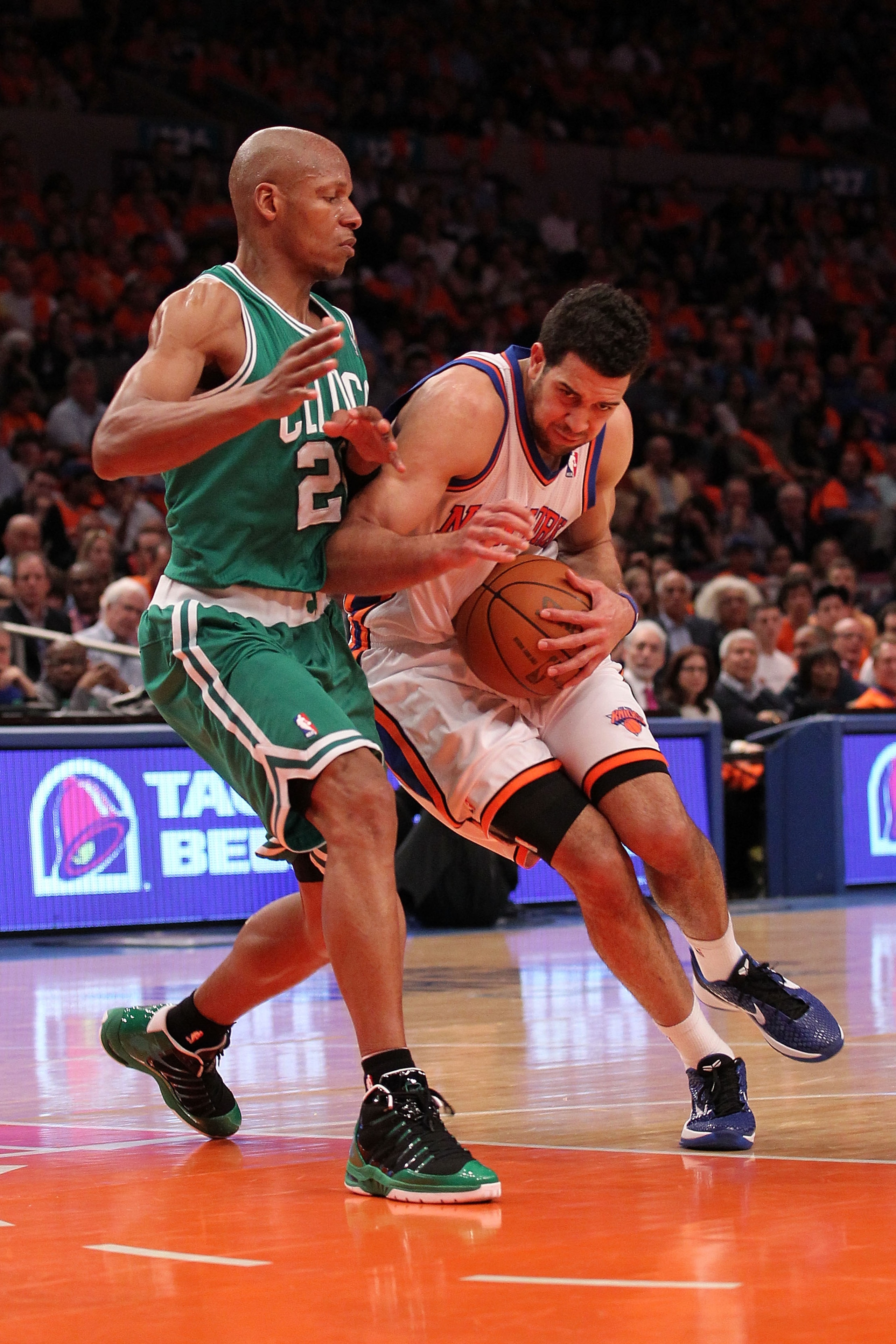 NEW YORK, NY - APRIL 24:  Landry Fields #6 of the New York Knicks drives against Ray Allen #20 of the Boston Celtics in Game Four of the Eastern Conference Quarterfinals during the 2011 NBA Playoffs on April 24, 2011 at Madison Square Garden in New York C