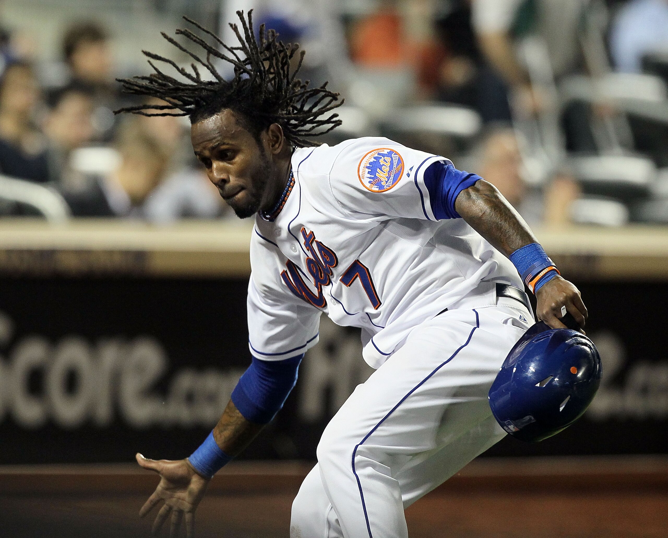 NEW YORK, NY - APRIL 11: Jose Reyes #7 of the New York Mets celebrates after scoring a run in the third inning against the Colorado Rockies on April 11, 2011 at Citi Field in the Flushing neighborhood of the Queens borough of New York City. (Photo by Ji NEW YORK, NY - APRIL 11: Jose Reyes #7 of the New York Mets celebrates after scoring a run in the third inning against the Colorado Rockies on April 11, 2011 at Citi Field in the Flushing neighborhood of the Queens borough of New York City. (Photo by Ji