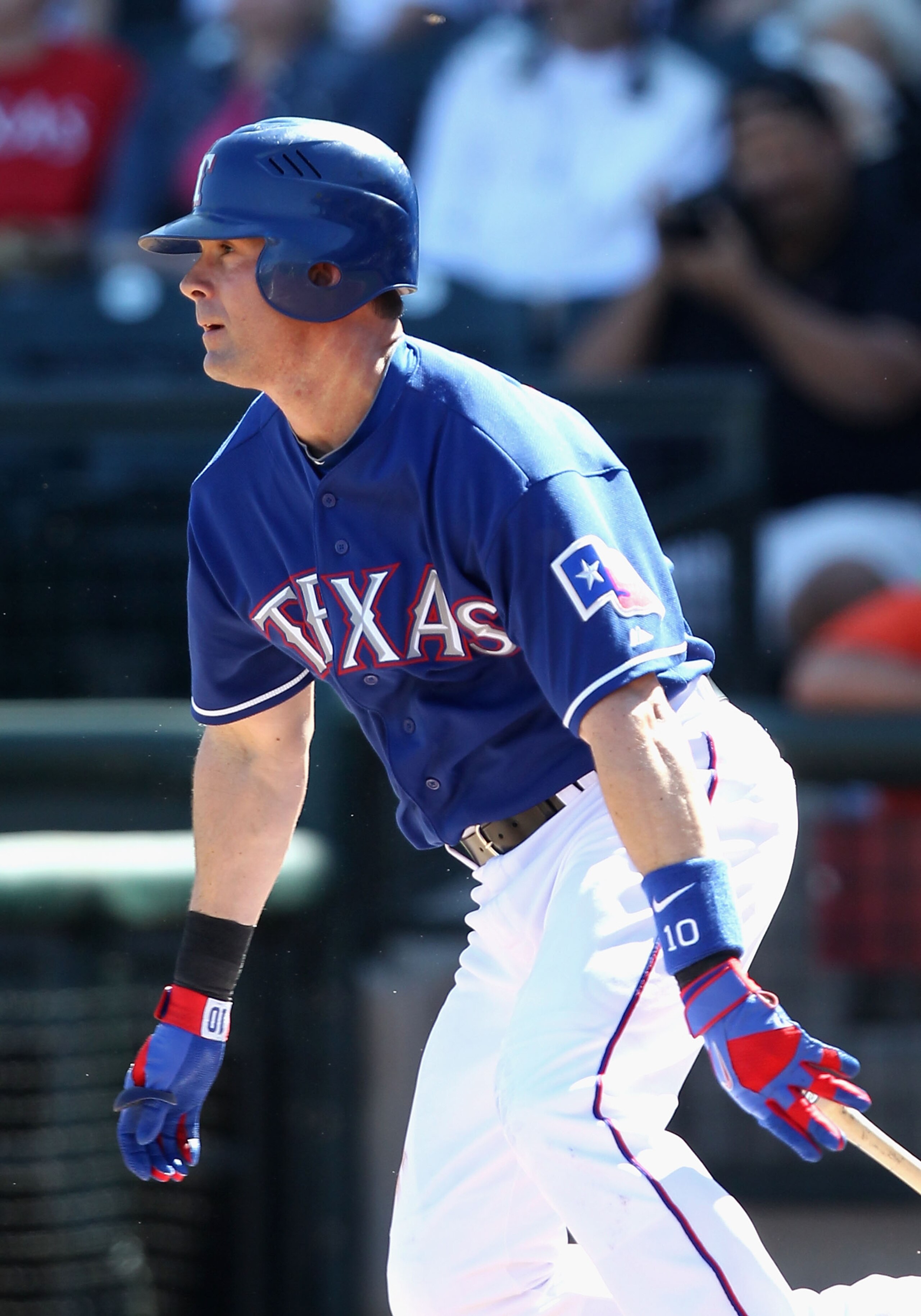 SURPRISE, AZ - MARCH 02: Michael Young #10 of the Texas Rangers bats during the spring training game against the Los Angeles Angels of Anaheim at Surprise Stadium on March 2, 2011 in Surprise, Arizona. (Photo by Christian Petersen/Getty Images) SURPRISE, AZ - MARCH 02: Michael Young #10 of the Texas Rangers bats during the spring training game against the Los Angeles Angels of Anaheim at Surprise Stadium on March 2, 2011 in Surprise, Arizona. (Photo by Christian Petersen/Getty Images)