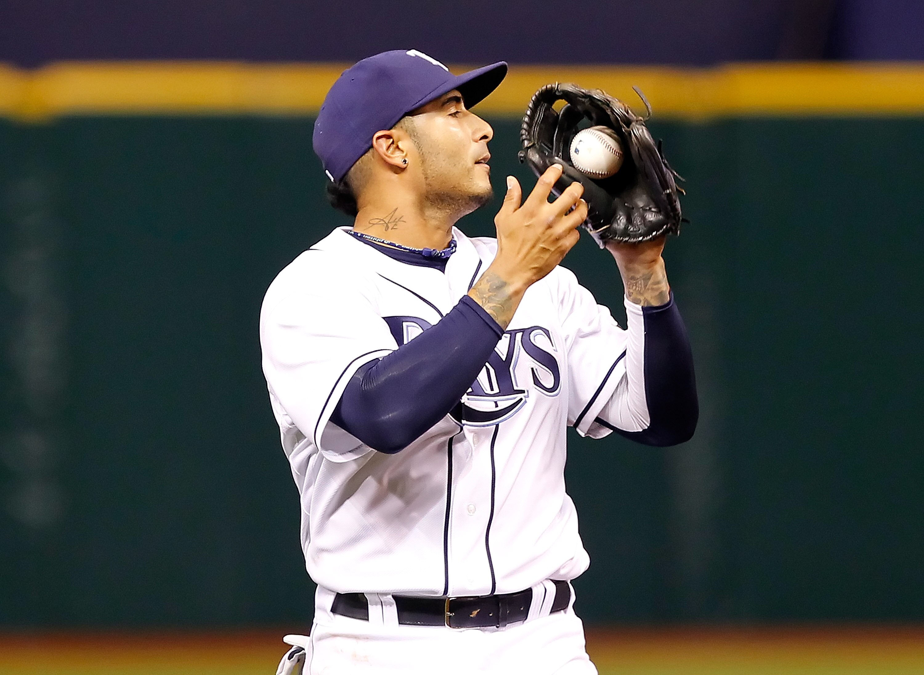 ST. PETERSBURG, FL - APRIL 15:  Infielder Felipe Lopez #45 of the Tampa Bay Rays catches a pop up against the Minnesota Twins during the game at Tropicana Field on April 15, 2011 in St. Petersburg, Florida.  (Photo by J. Meric/Getty Images)