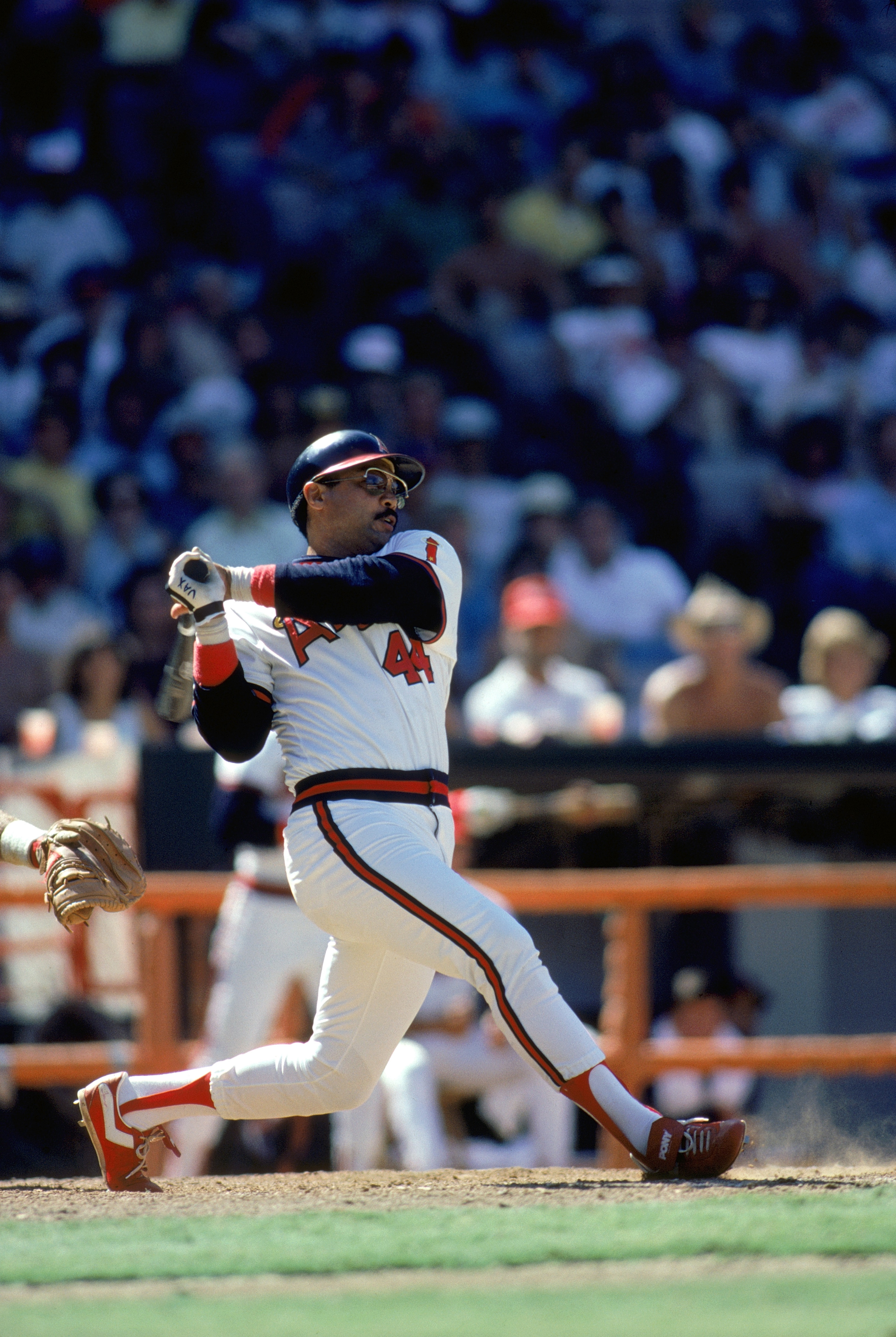 ANAHEIM, CA - 1984: Reggie Jackson #44 of the California Angels watches the flight of his hit during a 1984 MLB game at Angel Stadium in Anaheim, California. (Photo by Rick Stewart/Getty Images) ANAHEIM, CA - 1984: Reggie Jackson #44 of the California Angels watches the flight of his hit during a 1984 MLB game at Angel Stadium in Anaheim, California. (Photo by Rick Stewart/Getty Images)