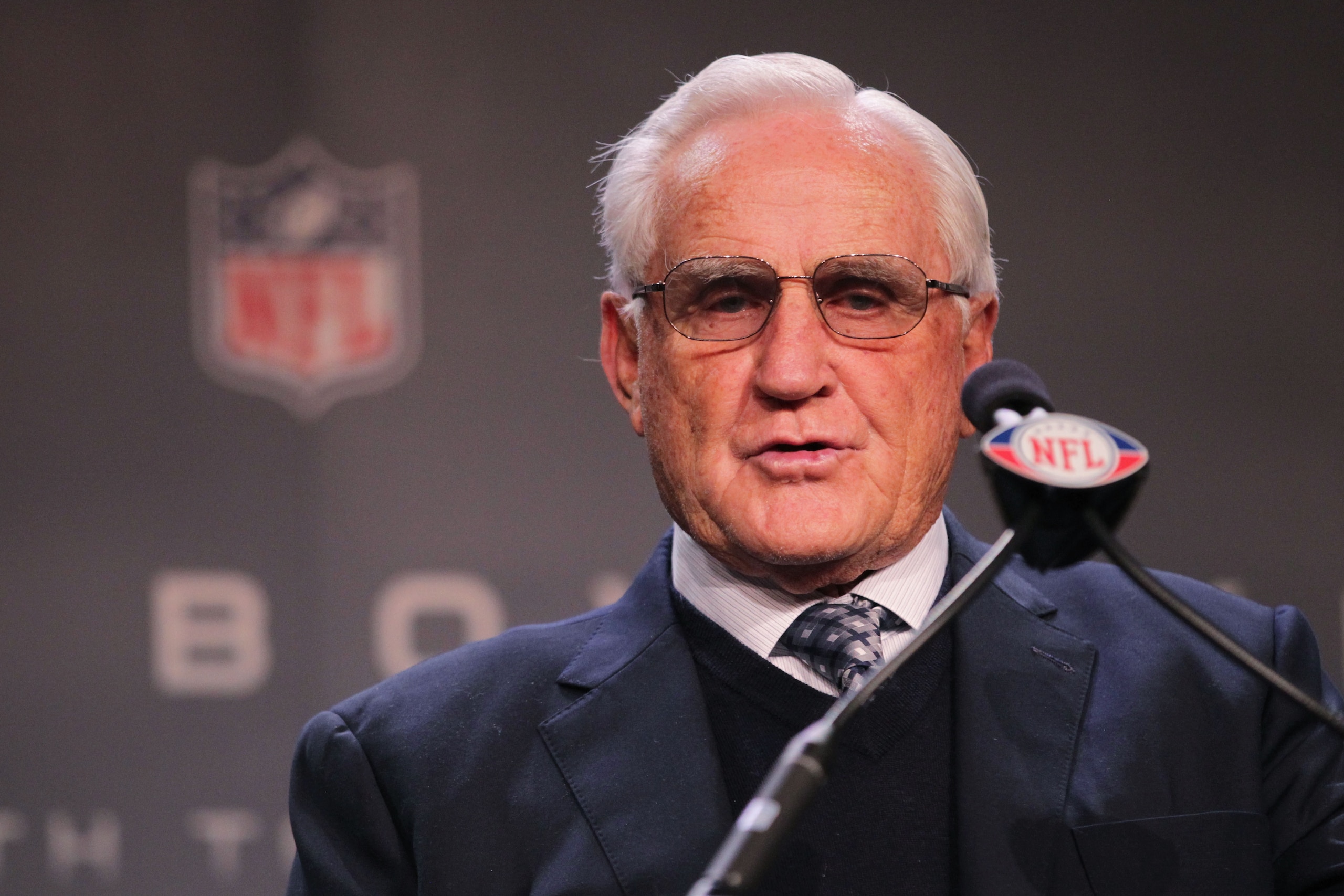 DALLAS, TX - FEBRUARY 04:  Former Miami Dolphins head coach Don Shula speaks during a press conference where he presented the Don Shula NFL Coach of the Year Award to Madison High School Head Football Coach Ray Seals at the Super Bowl XLV media center on