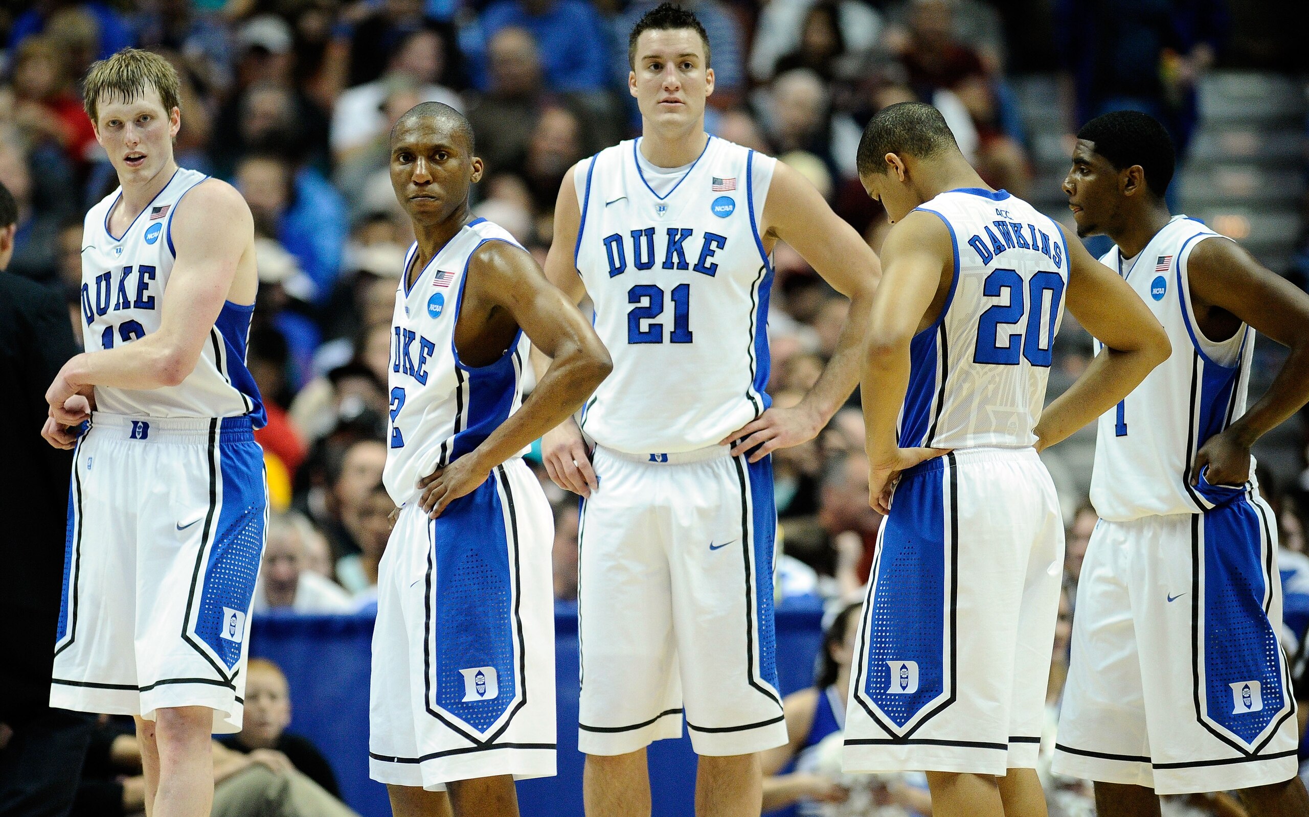 ANAHEIM, CA - MARCH 24:  Kyle Singler #12, Nolan Smith #2, Miles Plumlee #21, Andre Dawkins #20 and Kyrie Irving #1 of the Duke Blue Devils looks on against the Arizona Wildcats during the west regional semifinal of the 2011 NCAA men's basketball tourname