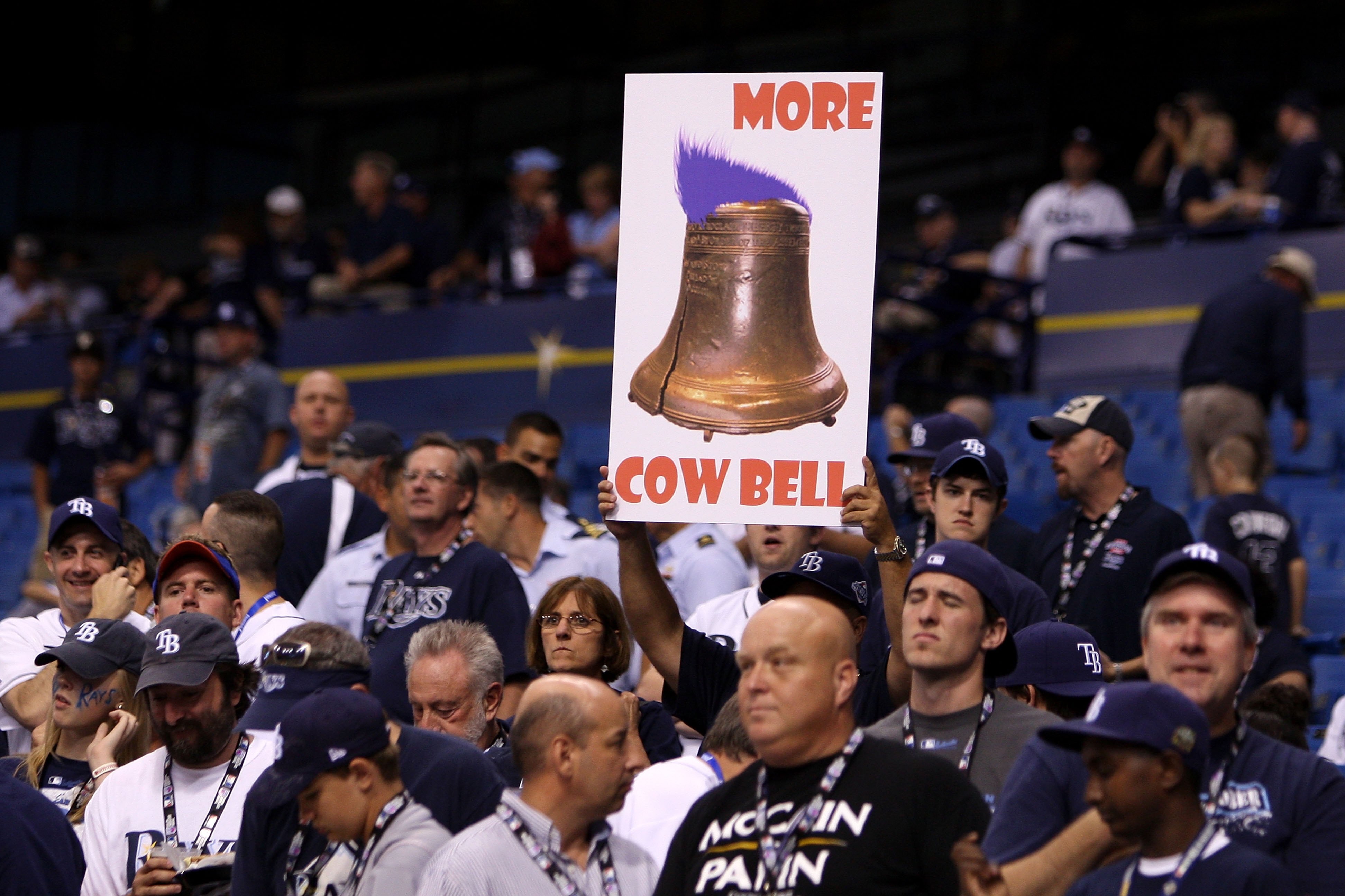 ST PETERSBURG, FL - OCTOBER 22:  A fan of the Tampa Bay Rays holds up a sign which reads 'More Cow Bell' against the Philadelphia Phillies during game one of the 2008 MLB World Series on October 22, 2008 at Tropicana Field in St. Petersburg, Florida.  (Ph