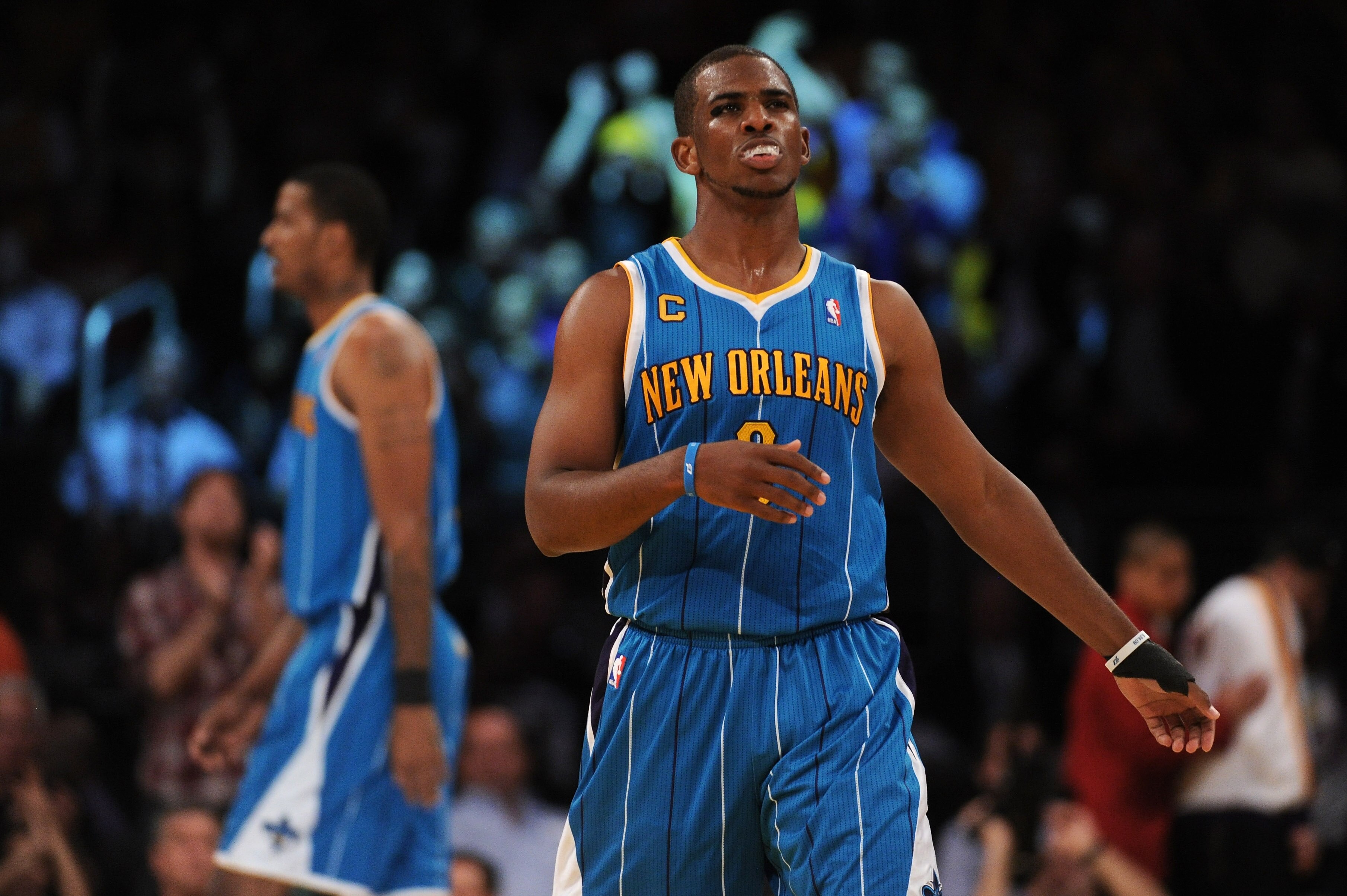 LOS ANGELES, CA - APRIL 26:  Chris Paul #3 of the New Orleans Hornets reacts at the end of the second quarter while taking on the Los Angeles Lakers in Game Five of the Western Conference Quarterfinals in the 2011 NBA Playoffs on April 26, 2011 at Staples