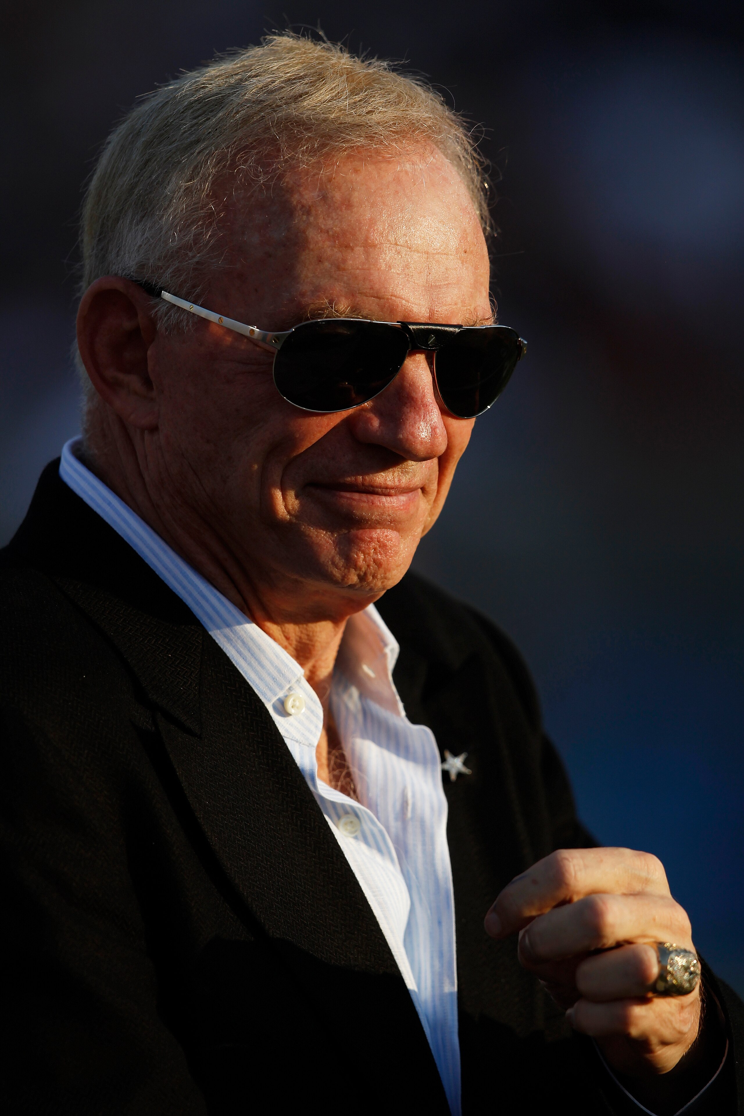 CANTON, OH - AUGUST 8: Dallas Cowboys owner Jerry Jones looks on before the game against the Cincinnati Bengals during the 2010 Pro Football Hall of Fame Game at the Pro Football Hall of Fame Field at Fawcett Stadium on August 8, 2010 in Canton, Ohio. The