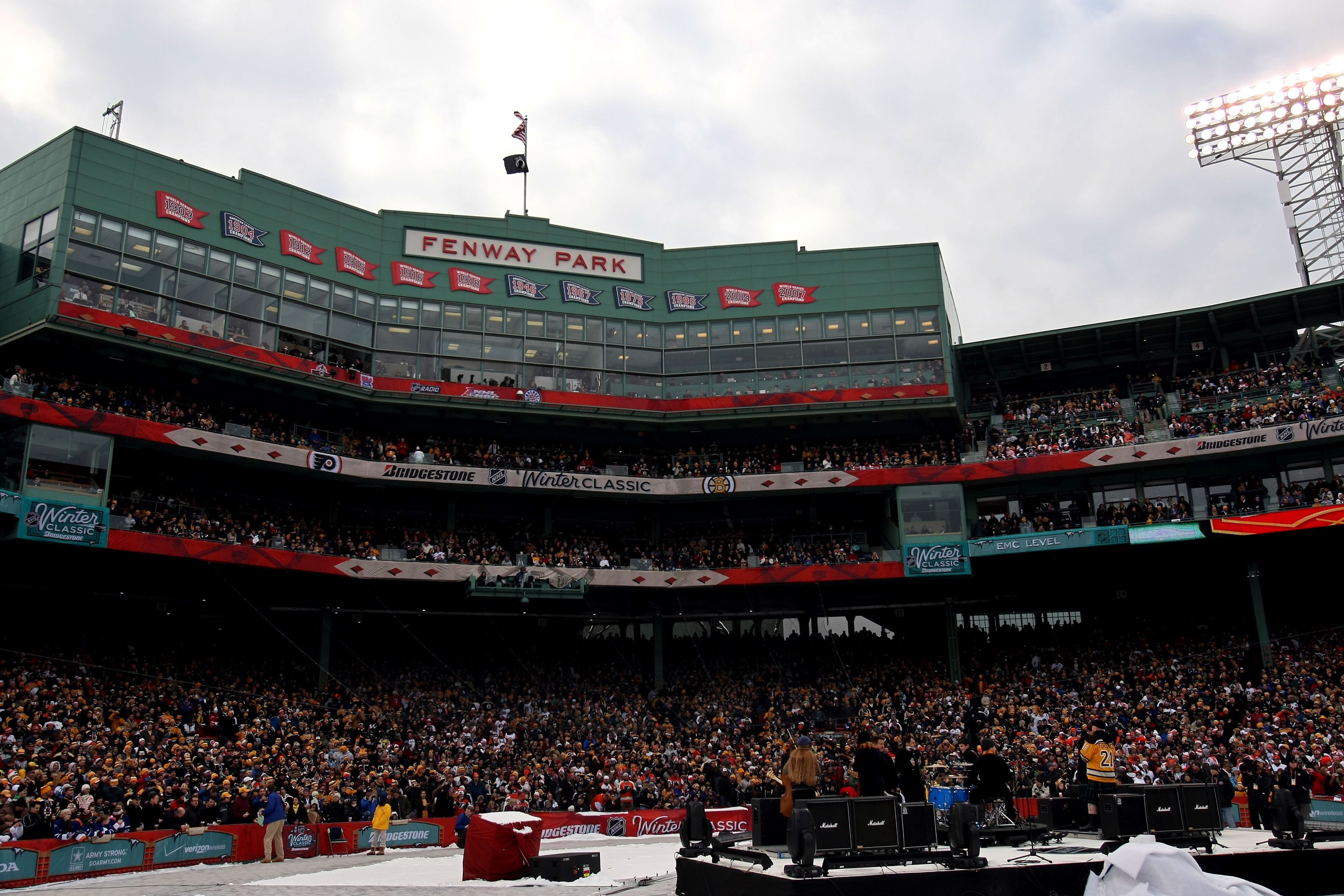 BOSTON - JANUARY 01:  The Dropkick Murphys perform during opening ceremonies before the game between the Philadelphia Flyers and the Boston Bruins during the 2010 Bridgestone Winter Classic at Fenway Park on January 1, 2010 in Boston, Massachusetts.  The