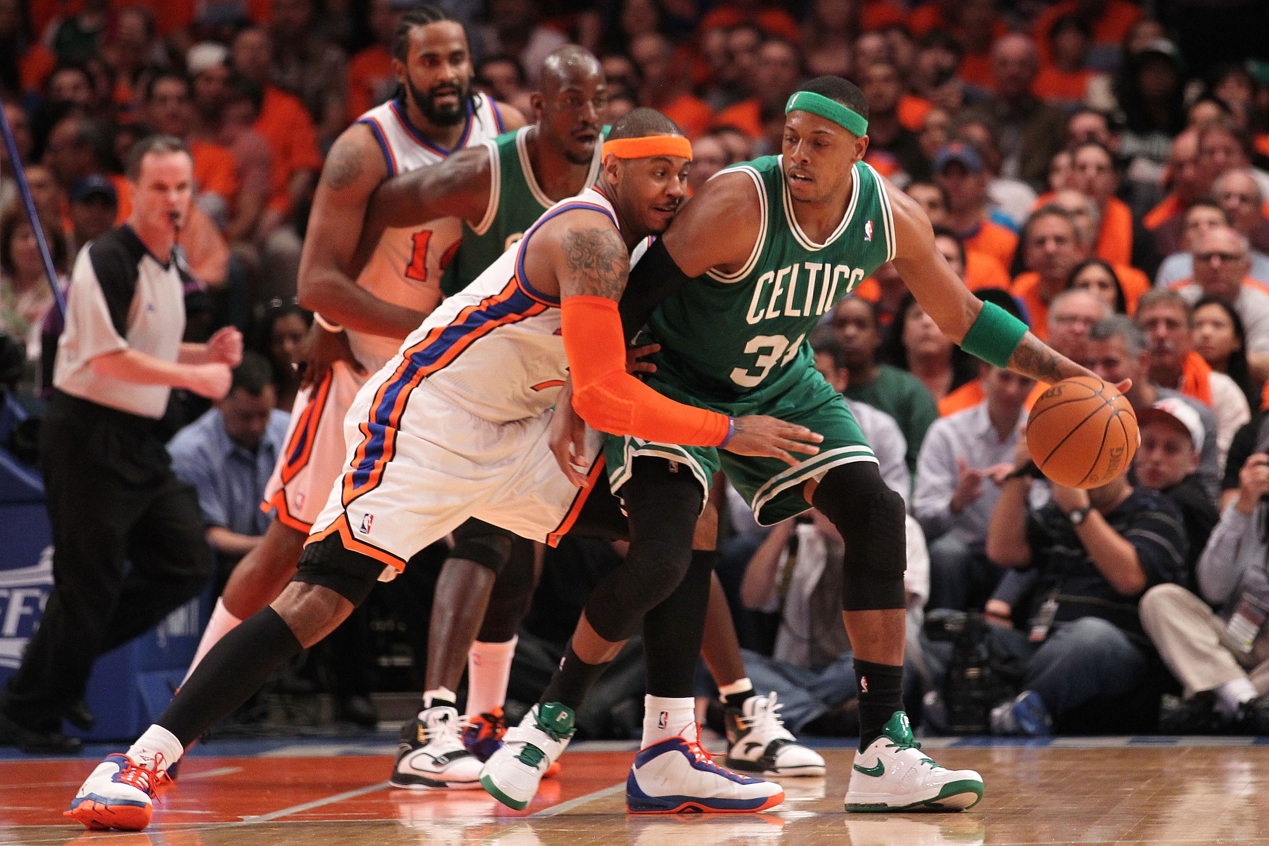 NEW YORK, NY - APRIL 24:  Paul Pierce #34 of the Boston Celtics dribbles the ball against Carmelo Anthony #7 of the New York Knicks in Game Four of the Eastern Conference Quarterfinals during the 2011 NBA Playoffs on April 24, 2011 at Madison Square Garde