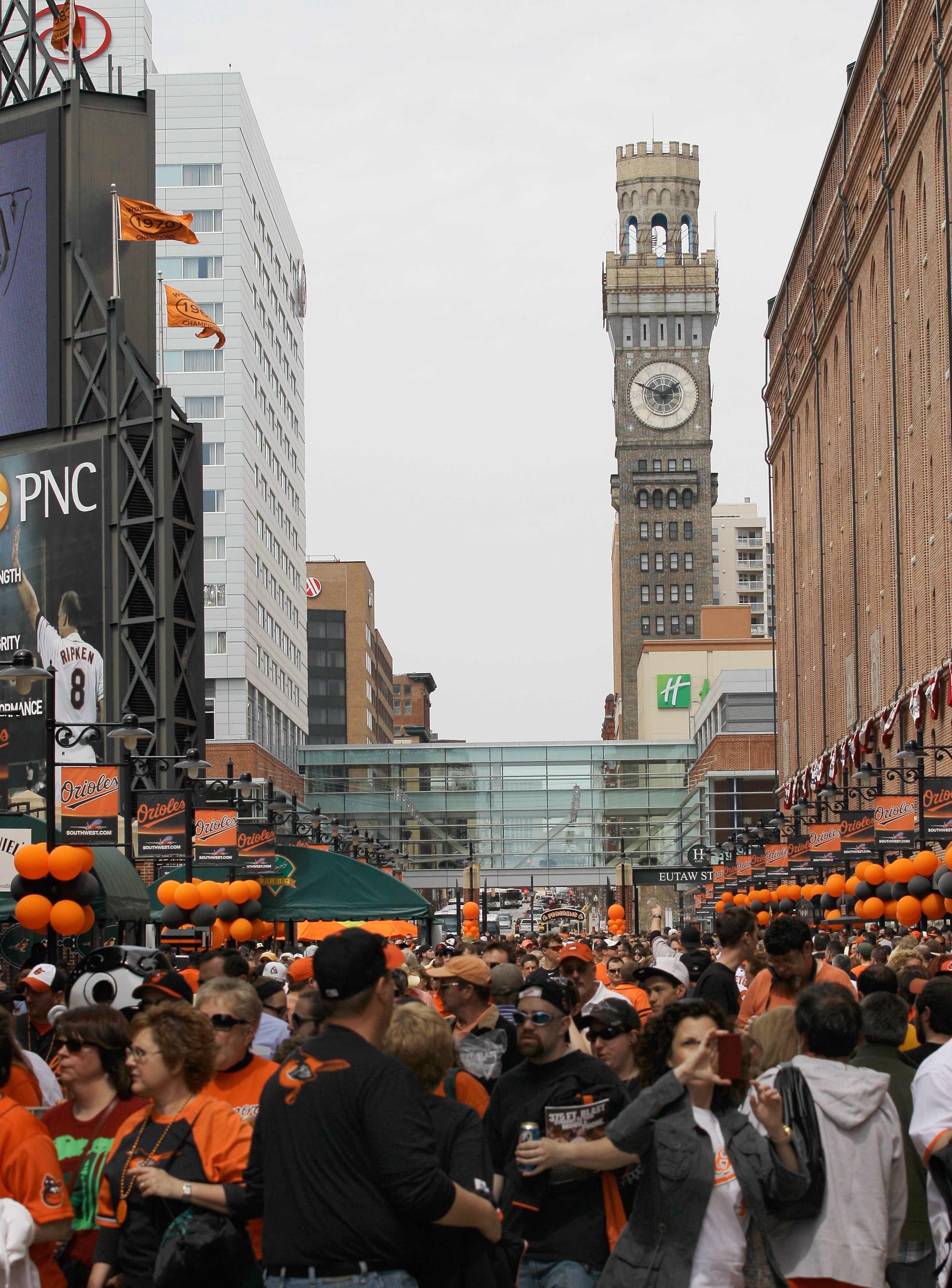 BALTIMORE, MD - APRIL 04:  Fans enter Oriole Park at Camden Yards during opening day between the Baltimore Orioles and the Detroit Tigers on April 4, 2011 in Baltimore, Maryland.  (Photo by Rob Carr/Getty Images)