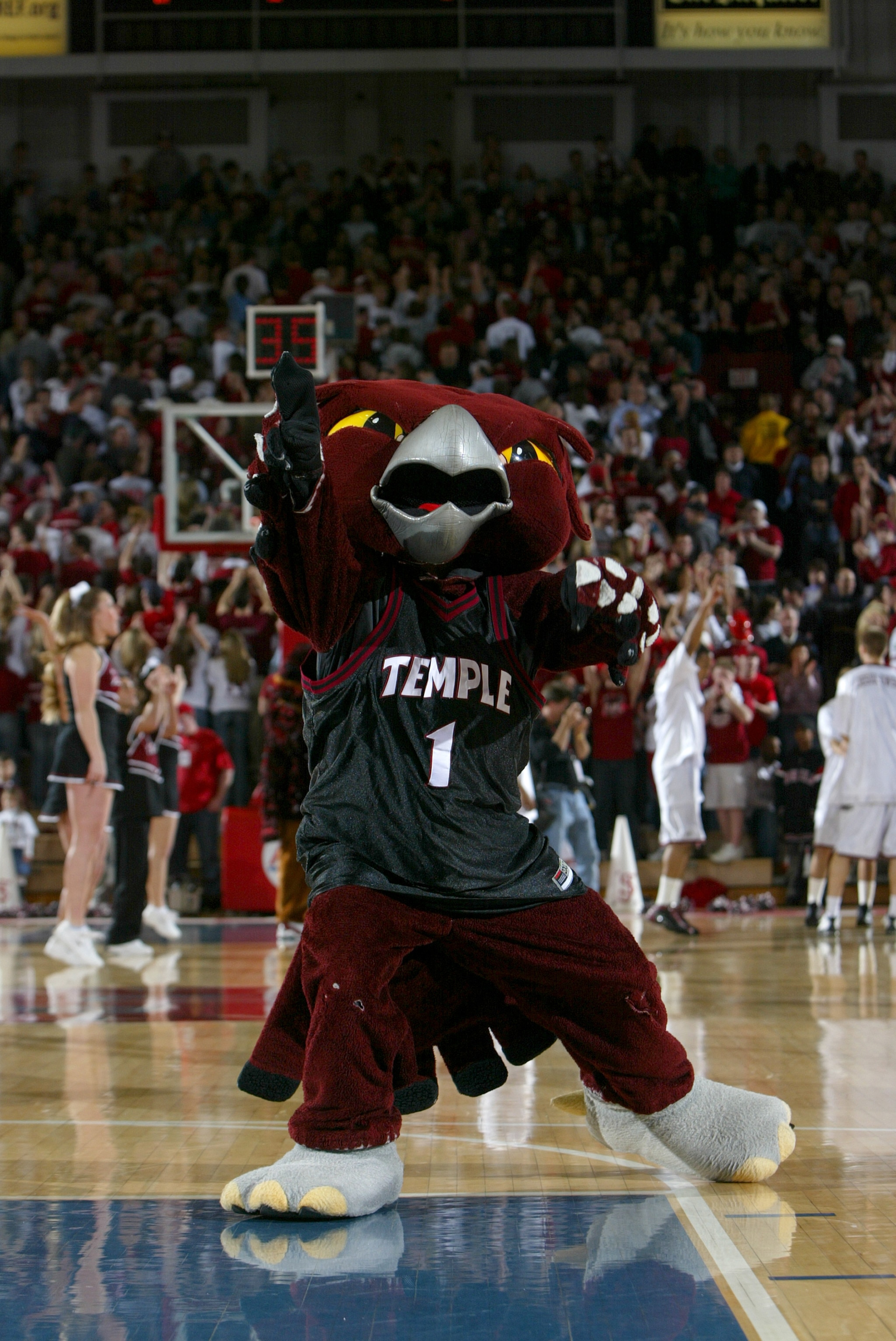 PHILADELPHIA - FEBRUARY 21:  The mascot for the Temple University Owls entertains the crowd at the game against the Saint Joseph's University Hawks on February 21, 2004 at The Palestra in Philadelphia, Pennsylvania. The Hawks won 76-53. (Photo by Doug Pen