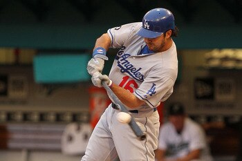 MIAMI GARDENS, FL - APRIL 25:  Andre Ethier #16 of the Los Angeles Dodgers his a single during a game against the Florida Marlins at Sun Life Stadium on April 25, 2011 in Miami Gardens, Florida.  (Photo by Mike Ehrmann/Getty Images)