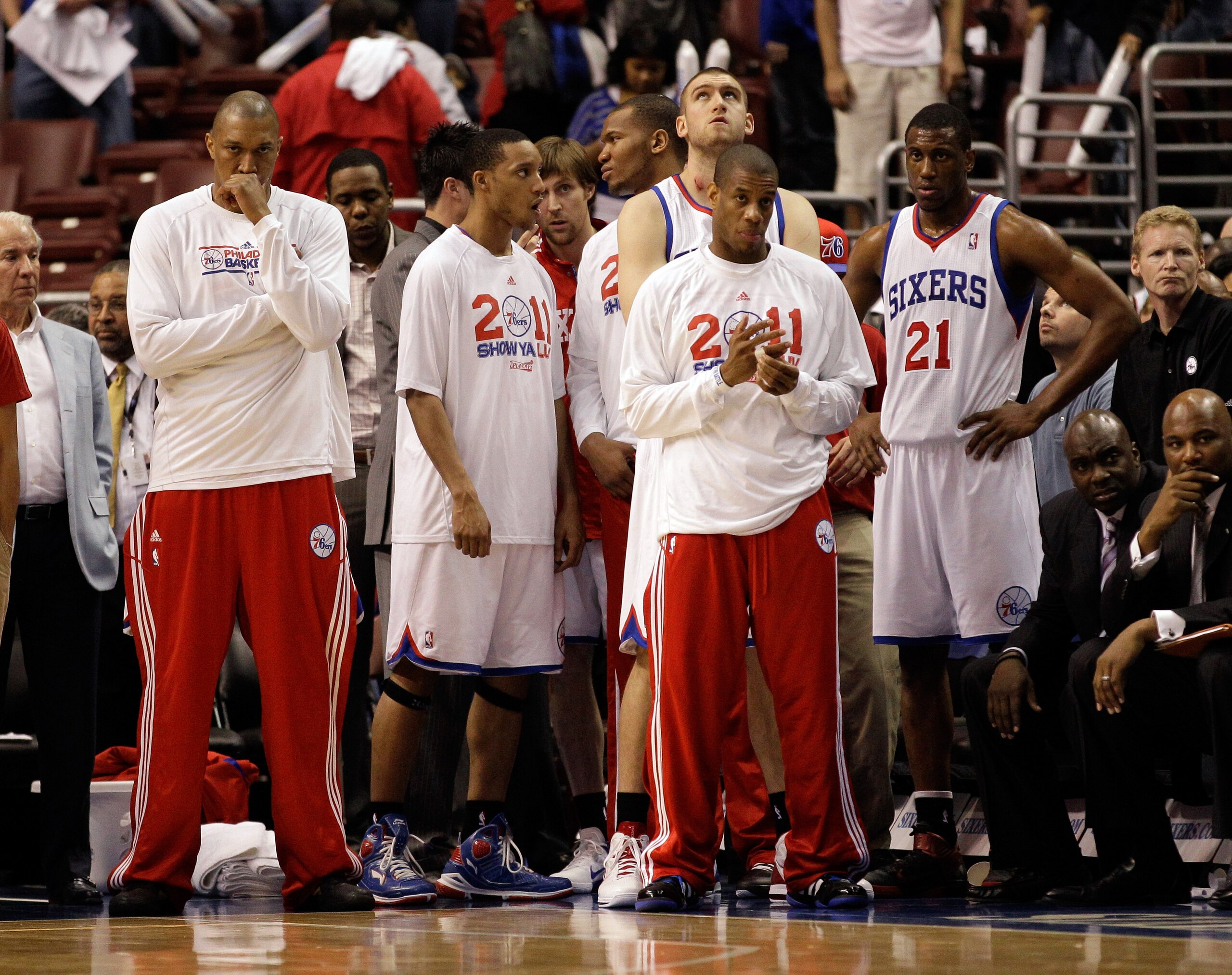 PHILADELPHIA, PA - APRIL 21: Members of the Philadelphia 76ers bench watch the closing moments of their game against the Miami Heat during game three of the Eastern Conference Quarterfinals at Wells Fargo Center on April 21, 2011 in Philadelphia, Pennsylv