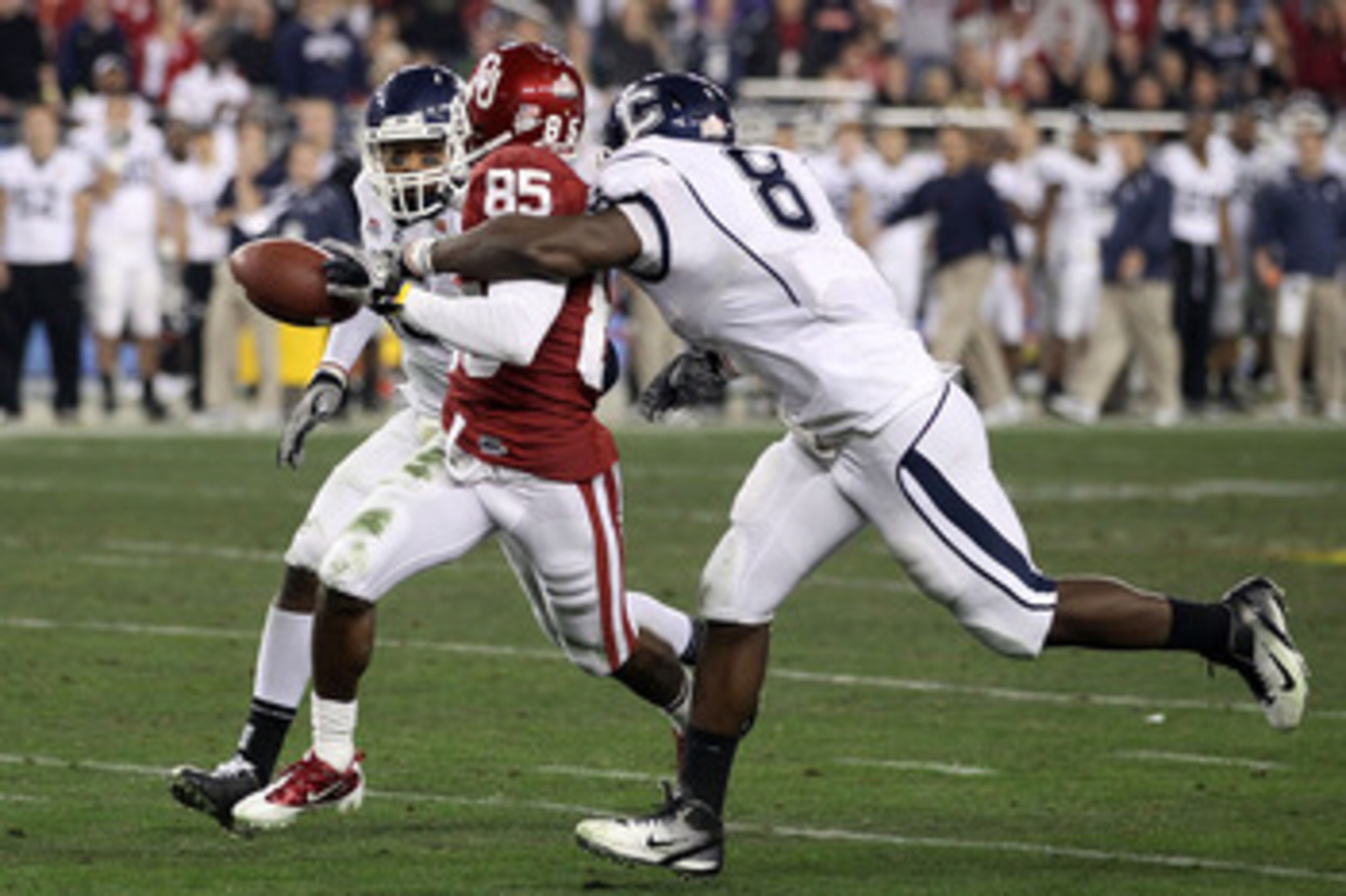 GLENDALE, AZ - JANUARY 01: Ryan Broyles #85 of the Oklahoma Sooners fumbles the ball as it is stripped by Lawrence Wilson #8 of the Connecticut Huskies alongside Jerome Junior #15 in the second half during the Tostitos Fiesta Bowl at the Universtity of P GLENDALE, AZ - JANUARY 01: Ryan Broyles #85 of the Oklahoma Sooners fumbles the ball as it is stripped by Lawrence Wilson #8 of the Connecticut Huskies alongside Jerome Junior #15 in the second half during the Tostitos Fiesta Bowl at the Universtity of P