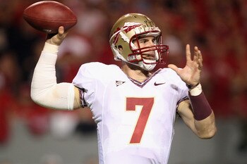 RALEIGH, NC - OCTOBER 28:  Christian Ponder #7 of the Florida State Seminoles drops back to throw a pass against the North Carolina State Wolfpack during their game at Carter-Finley Stadium on October 28, 2010 in Raleigh, North Carolina.  (Photo by Street