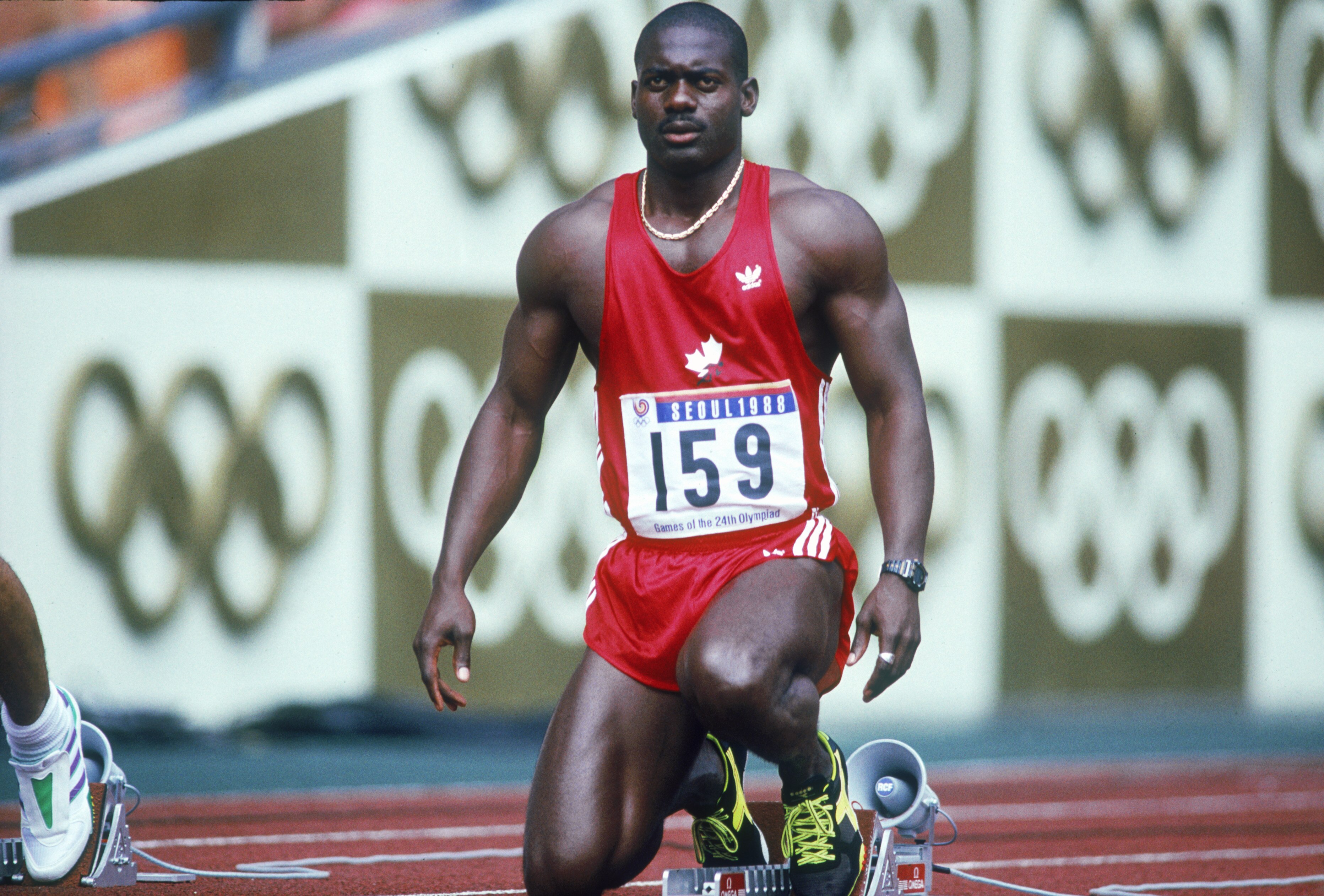 Canadian sprinter Ben Johnson at the start of the 100 Metres semi-final at Seoul Olympic Stadium during the Olympic Games in Seoul, South Korea, 24th September 1988. Johnson won the final in a world record time of 9.79 seconds, but was disqualified for do