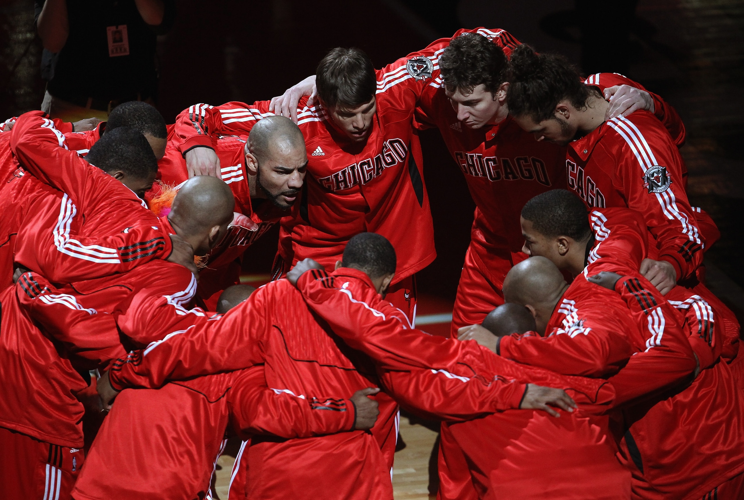 CHICAGO, IL - APRIL 13: The Chicago Bulls huddle before a game against the New Jersey Nets at the United Center on April 13, 2011 in Chicago, Illinois. The Bulls defeated the Nets 97-92. NOTE TO USER: User expressly acknowledges and agrees that, by downlo