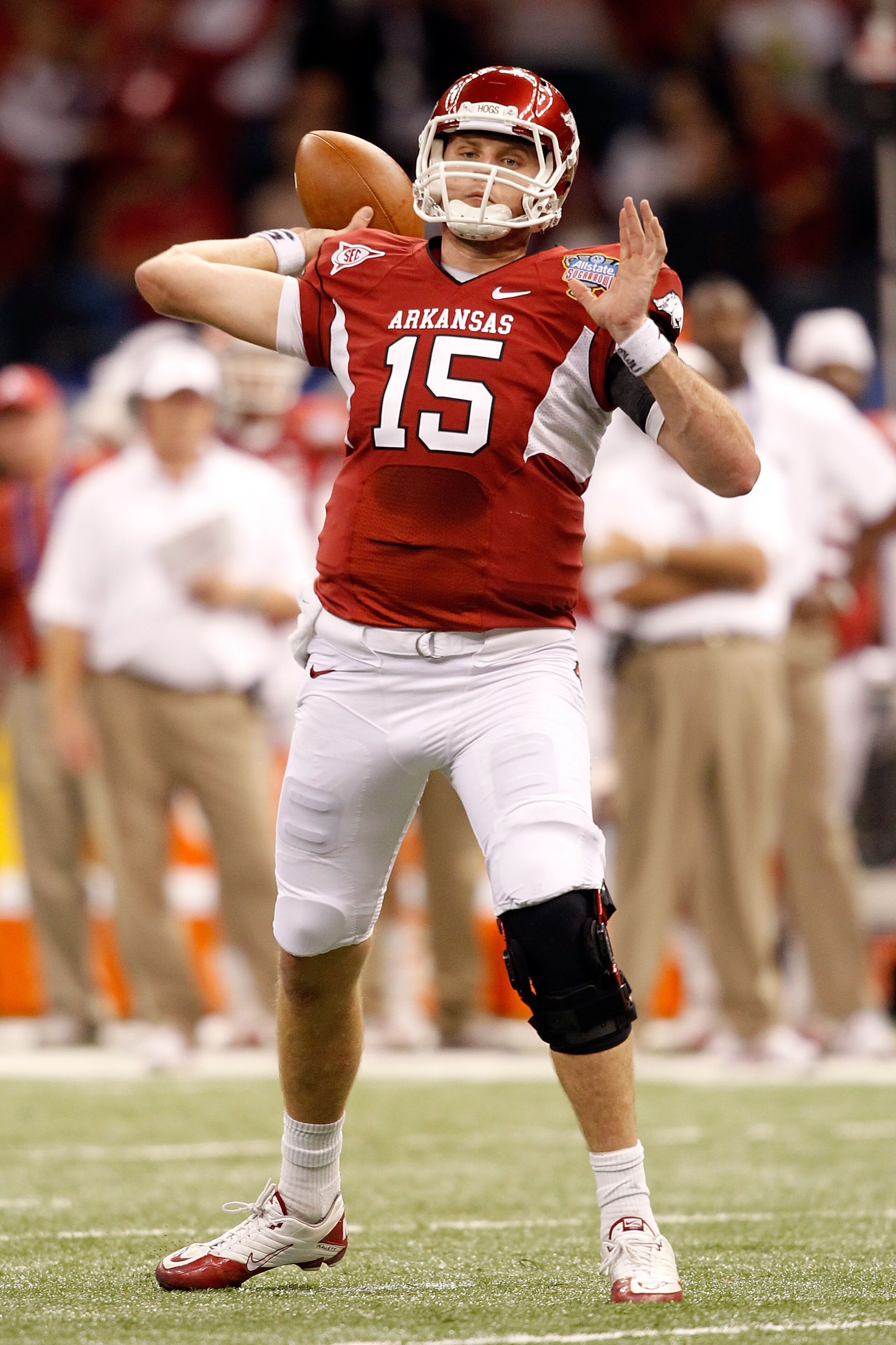 NEW ORLEANS, LA - JANUARY 04: Ryan Mallett #15 of the Arkansas Razorbacks looks to pass in the first half against the Ohio State Buckeyes during the Allstate Sugar Bowl at the Louisiana Superdome on January 4, 2011 in New Orleans, Louisiana. (Photo by M NEW ORLEANS, LA - JANUARY 04: Ryan Mallett #15 of the Arkansas Razorbacks looks to pass in the first half against the Ohio State Buckeyes during the Allstate Sugar Bowl at the Louisiana Superdome on January 4, 2011 in New Orleans, Louisiana. (Photo by M